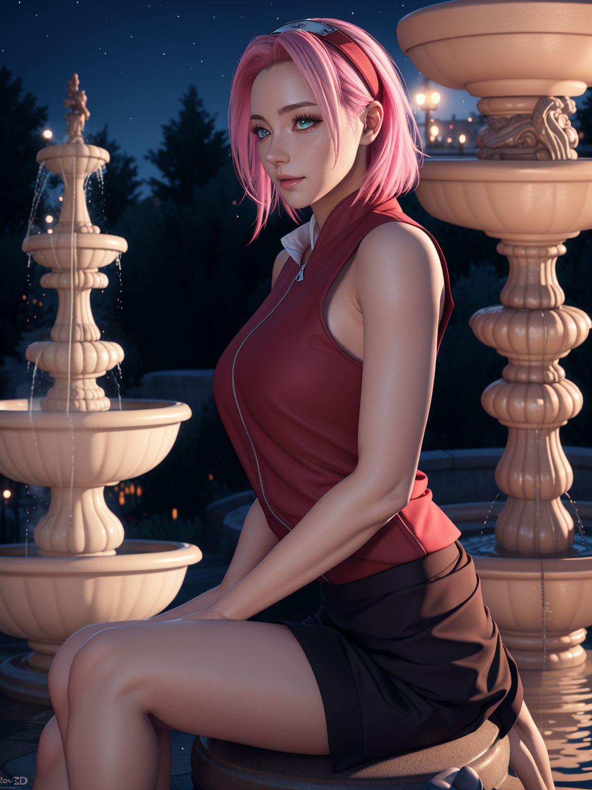 1girls ai_generated bubble_butt fountain naruto pink_hair sakura_haruno small_breasts