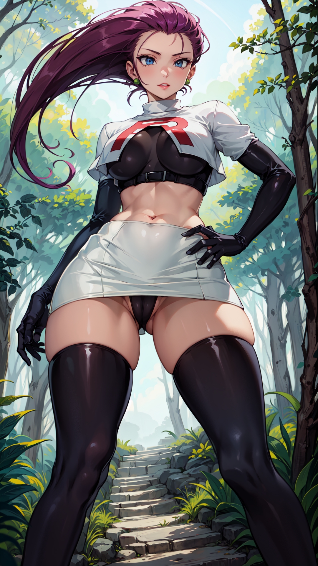 ai generated, blue eyes, breasts, butt from the front, cameltoe, crop top, earrings, female, forest, from, from below, gloves, highleg panties, jessie (pokemon), marusame, outside, pokemon, purple hair, pussy, stable diffusion, stairs, team rocket, team rocket uniform, thighhighs, thong, underboob, upskirt