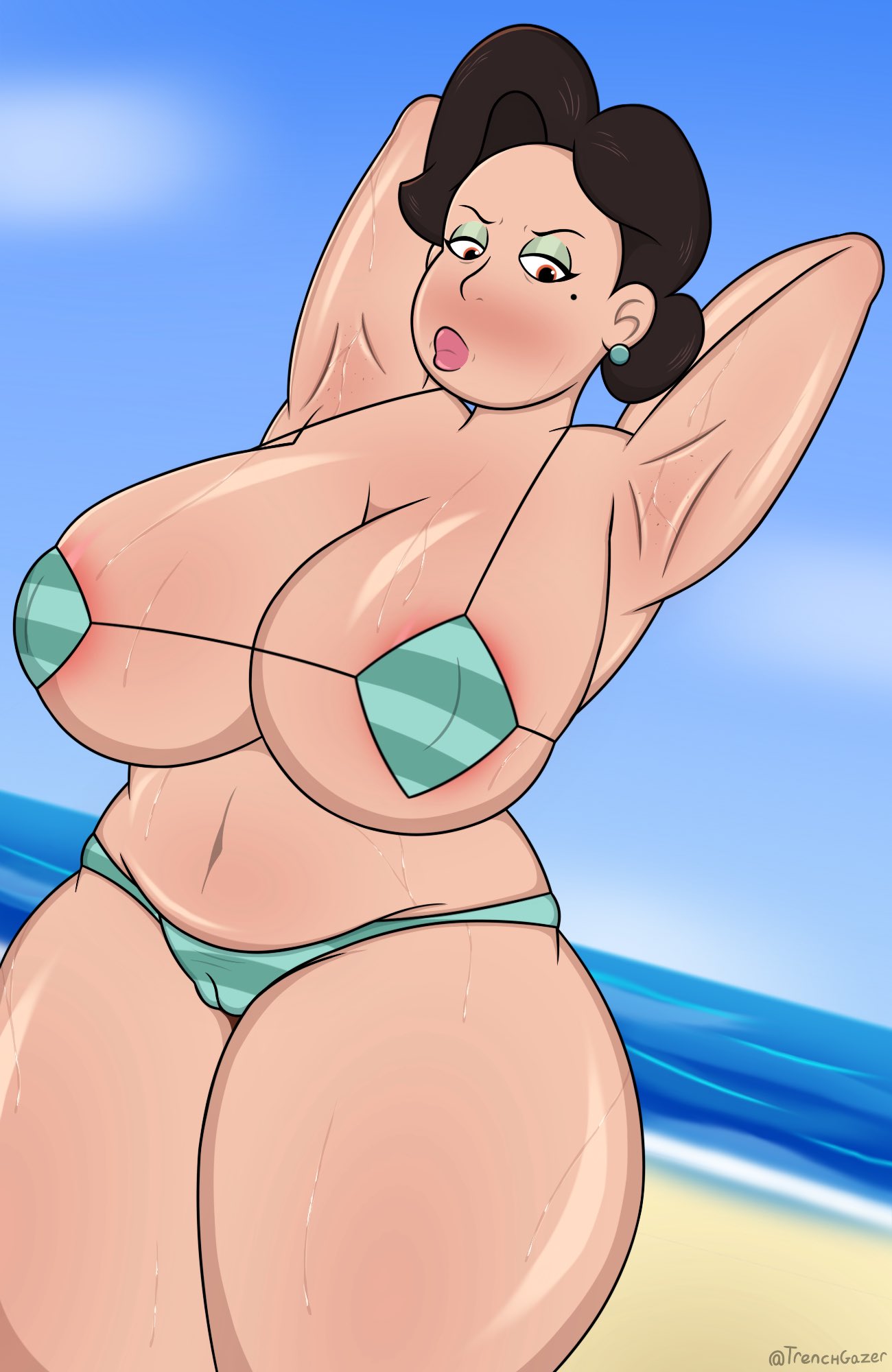 1girls armpits arms_above_head beach big_breasts bikini cameltoe disney eyebrows eyeshadow female female_only huge_breasts light-skinned_female light_skin mature_female milf ming_lee mole mole_under_eye mother pixar solo thick_thighs trenchgazer turning_red voluptuous wide_hips