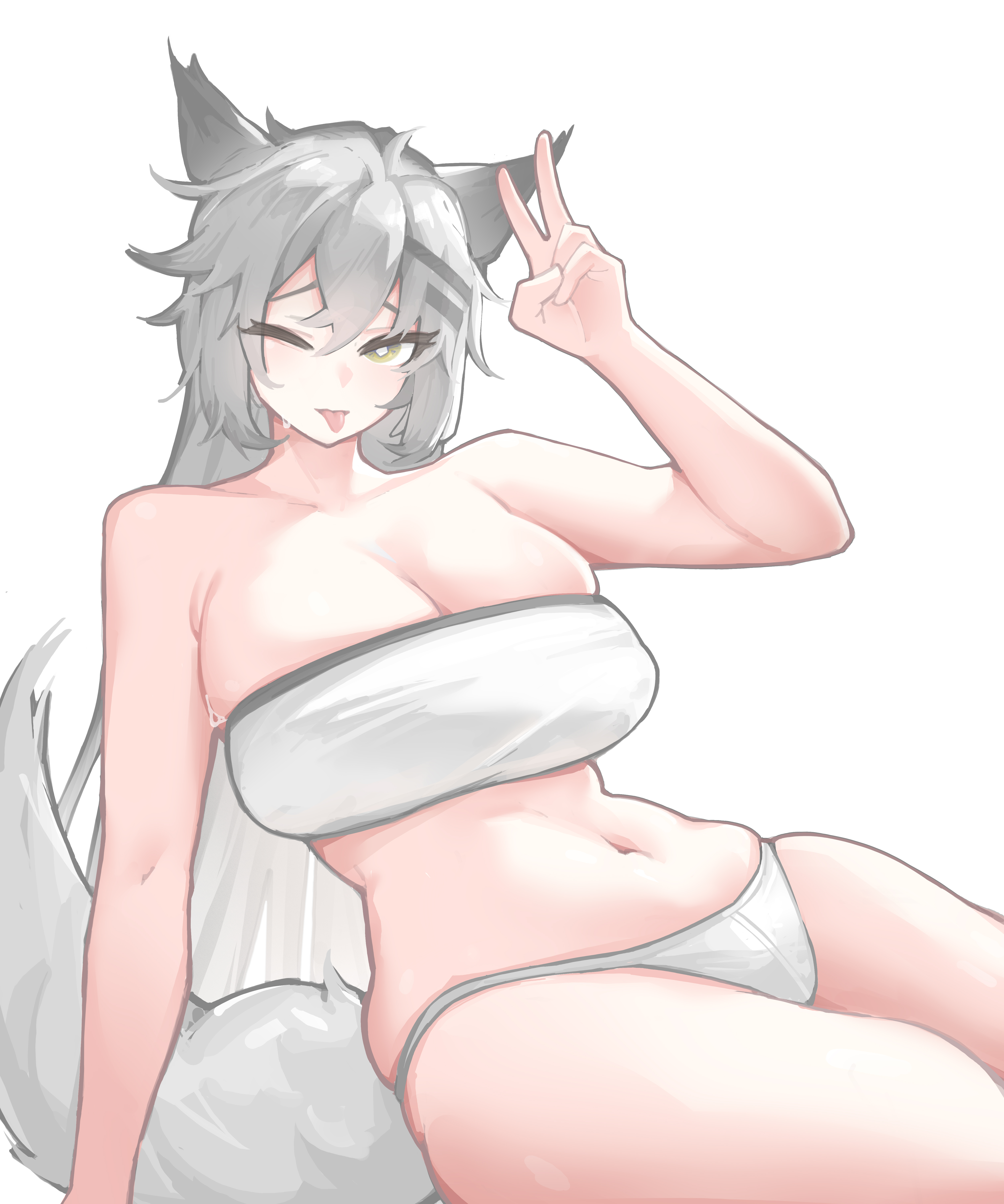 1girls, arknights, breasts, female, lappland (arknights), navel, solo, tagme, underwear, underwear only, wolf ears, wolf girl, wolf tail