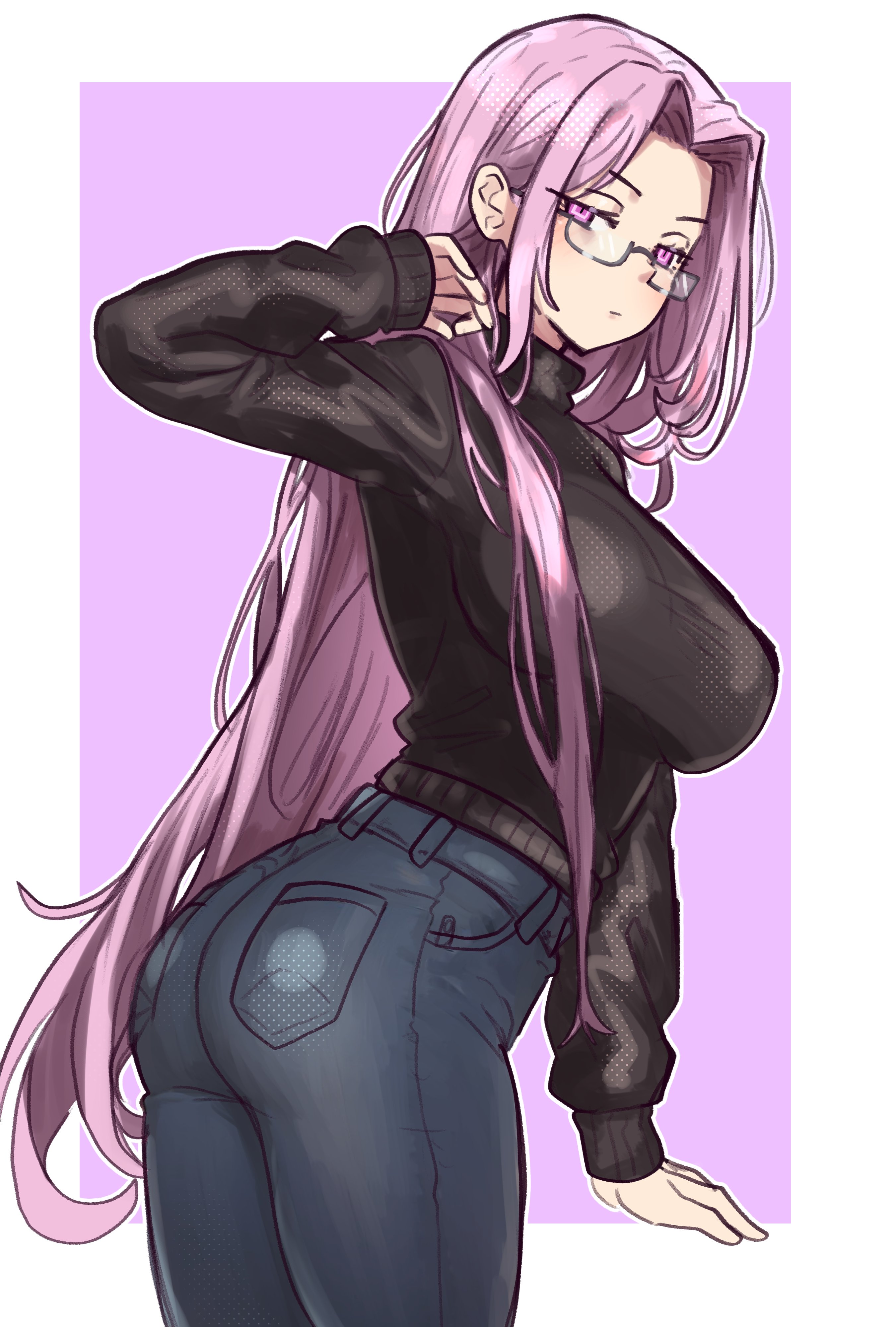 1girls, ass, breasts, bubble ass, bubble butt, clothed, ebora, fate (series), fate/grand order, fate/stay night, female, glasses, hi res, huge ass, huge breasts, jeans, light skin, light-skinned female, long hair, long sleeves, medusa (fate), purple eyes, purple hair, youngmanisdown