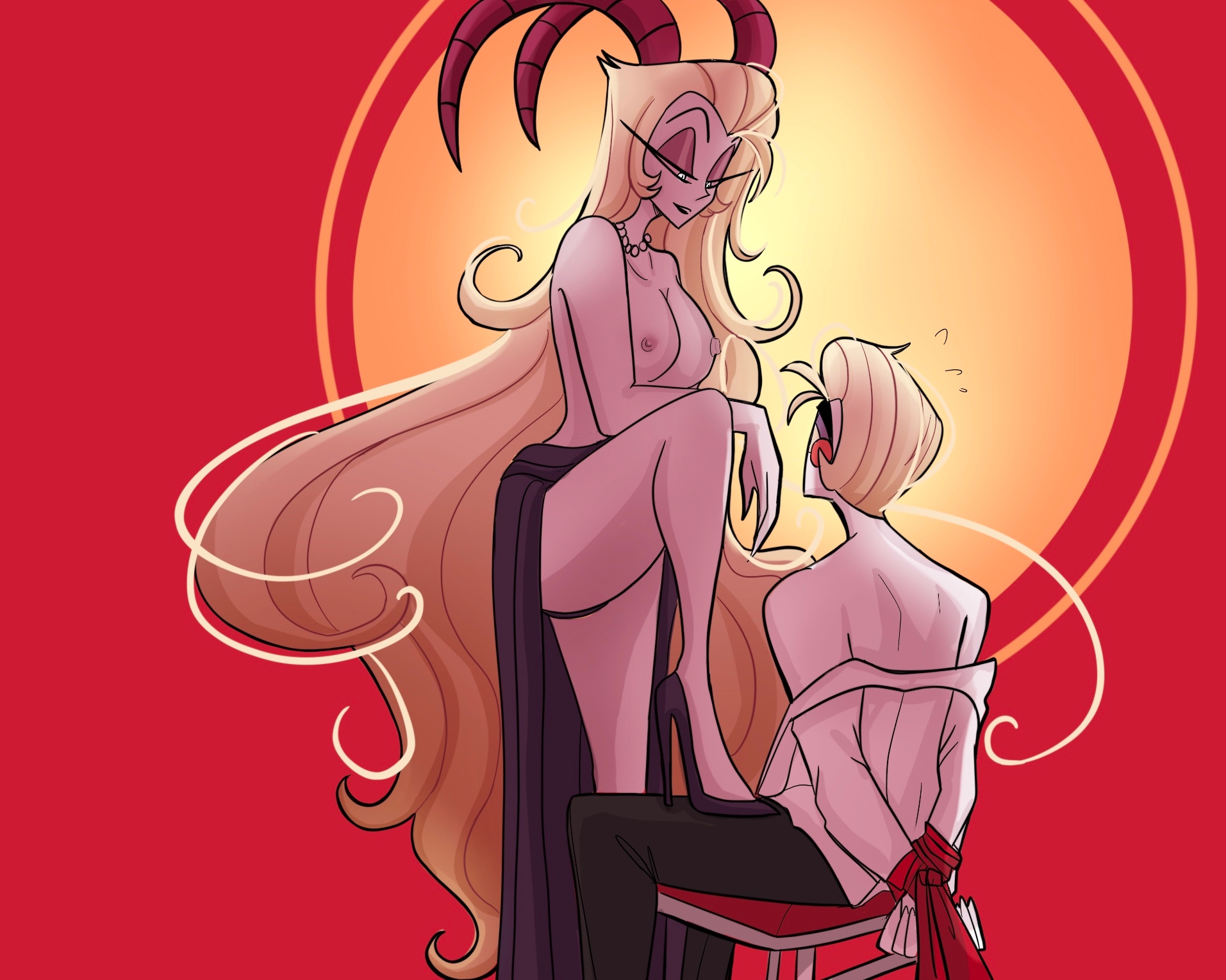 1boy, 1girls, 2demons, ady laine, blonde hair, blush, breasts, demon, dominant, dominant female, domination, female, femdom, hazbin hotel, husband and wife, lilith morningstar (hazbin hotel), lucifer morningstar (hazbin hotel), male, male/female, malesub, mature female, nipples, partially clothed, simple background, smile, straight, submissive, submissive male