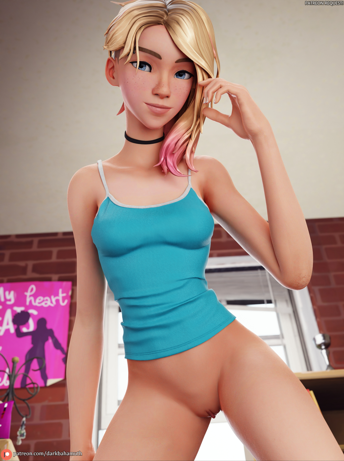 1girls, 3d, bottomless, darkbahamuth, eyebrow piercing, female, female only, fortnite, gwen stacy, gwen stacy (spider-verse), marvel, marvel comics, petite, pinup, pussy, solo female, spider-gwen, spider-man (series), spider-man: across the spider-verse, teenager, young, younger female