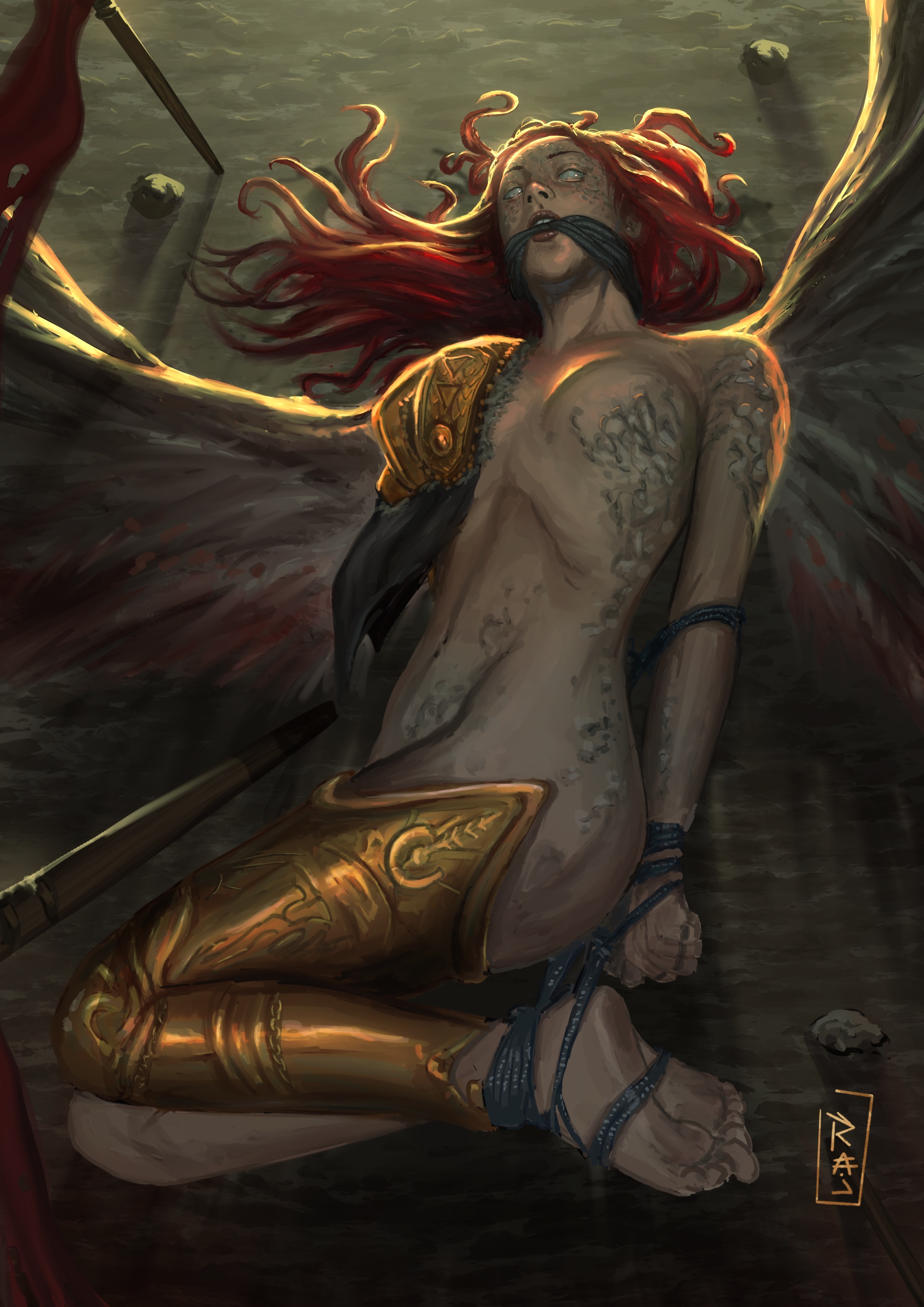 1girls, 2d, angel wings, armor, background, barefoot, bondage, bound arms, bound legs, bound wrists, cloth gag, color, elden ring, facial markings, feet, female, female focus, female only, femsub, from above, fromsoftware, gag, gagged, gold (metal), hair, humanoid, light skin, light-skinned female, lips, long hair, lying, malenia blade of miquella, markings, on side, rajdraw, red hair, red lipstick, restrained, soles, solo, submissive, teeth, toes, watermark, white eyes, wings