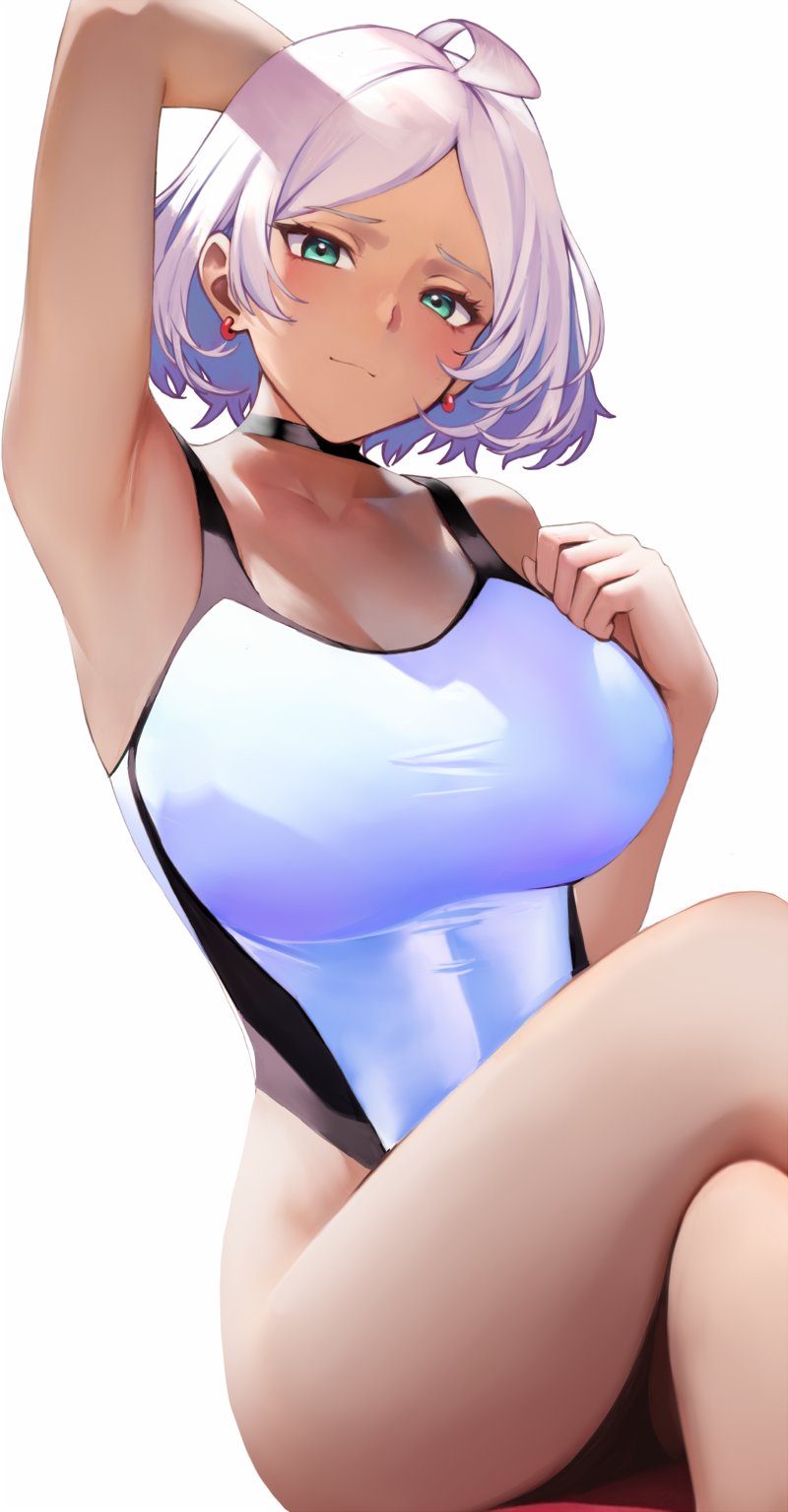 1girls, adult, adult female, arm behind head, armpit, armpit crease, armpit focus, armpit peek, armpits, bare armpits, bare arms, bare hands, bare hips, bare legs, bare shoulders, bare skin, bare thighs, big breasts, bikini, breasts, brown skin, brown skinned female, brown-skinned female, busty, busty female, busty girl, closed mouth smile, competition swimsuit, crossed legs, crossed legs (sitting), curvaceous, curvaceous body, curvaceous female, curvaceous figure, curvaceous hips, curvy, curvy body, curvy female, curvy figure, curvy hips, ear piercing, ear piercings, earrings, exposed armpits, exposed arms, exposed hips, exposed legs, exposed shoulders, exposed skin, exposed thighs, female, female only, green eyes, green-eyed female, gundam, hairless armpits, hand behind head, head tilt, large boobs, large breasts, lean figure, legs crossed, light smile, linea alba, looking down, looking down at viewer, mature, mature female, narrow waist, nervous, nervous expression, nervous face, nervous female, nervous smile, one-piece swimsuit, pierced ear, pierced ears, posing, posing for the viewer, presenting armpit, saisarisu, secelia dote, shaved armpits, shy, shy expression, shy female, shy girl, shy smile, slender body, slender waist, slim waist, smile, smiley face, smiling, smiling at viewer, swimsuit, swimwear, teal eyes, teal-eyed female, tilted head, white bikini, white eyebrows, white hair, white one-piece swimsuit, white swimsuit, white swimwear, white-haired female