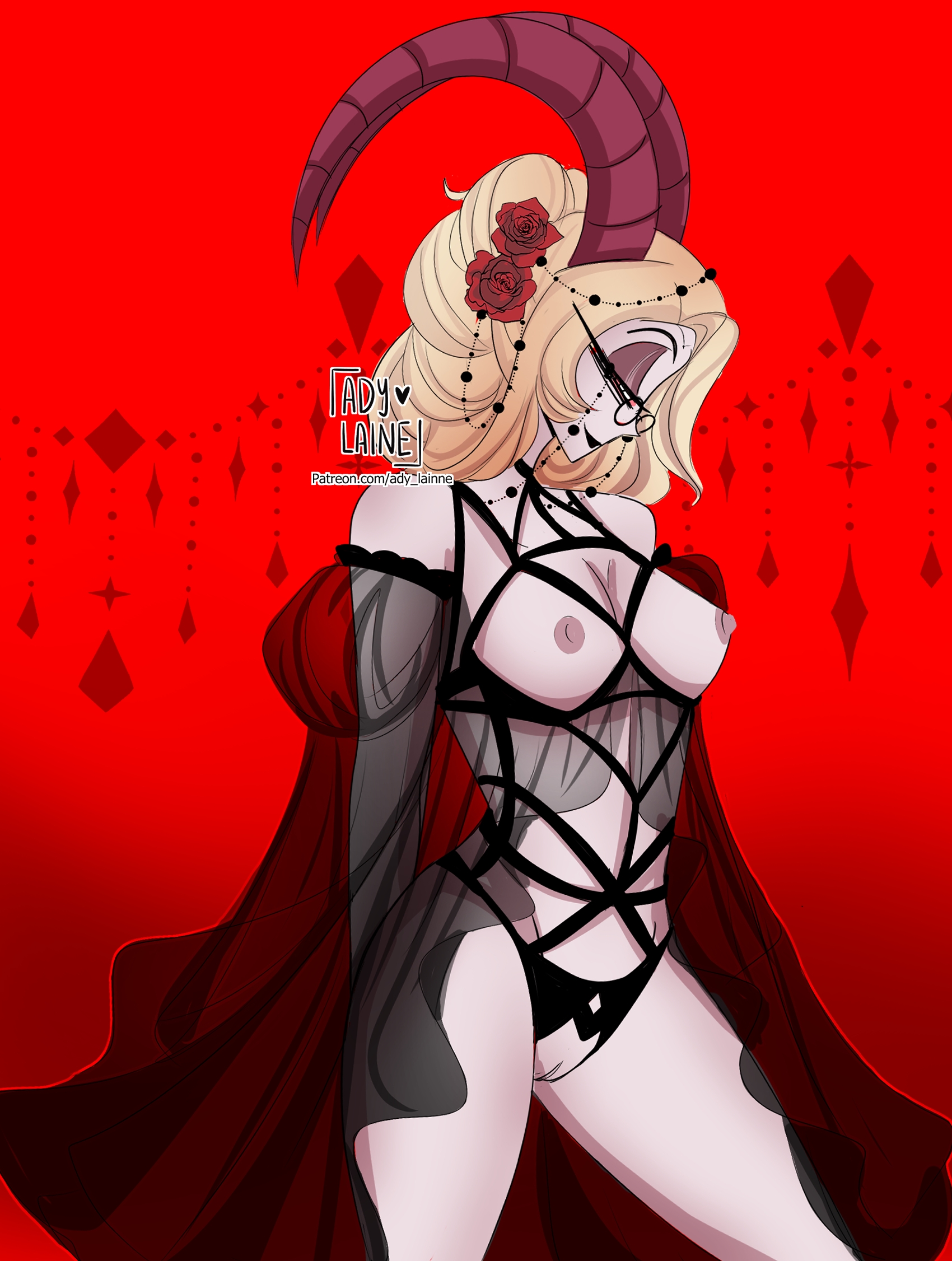 1girls, ady laine, blonde hair, demon, female, female only, glasses, hazbin hotel, horns, lilith morningstar (hazbin hotel), lingerie, long hair, mature female, milf, mother, nipples, open mouth, partially clothed, pin up, pinup, pussy, smile, solo, succubus