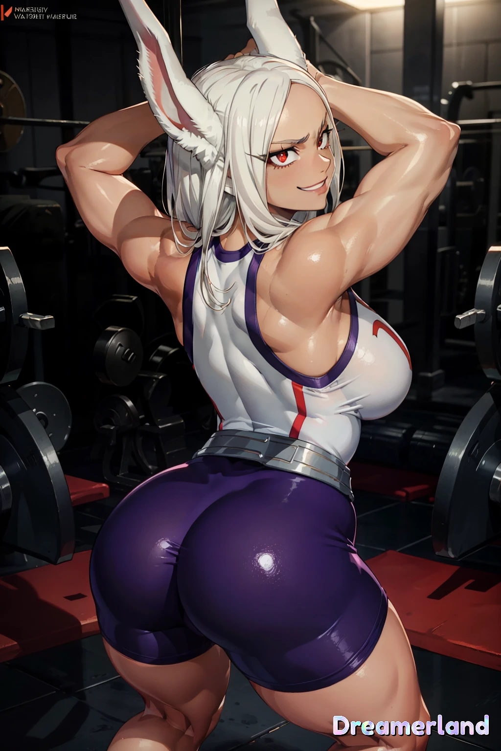 1girls, ai generated, ass, athletic, athletic female, back muscles, back view, big ass, big breasts, boku no hero academia, breasts, bunny ears, female, female only, fit, fit female, gym, gym clothes, gym uniform, looking at viewer, looking back, miruko, muscles, my hero academia, rumi usagiyama, short shorts, showing ass, thick, thick thighs, voluptuous, weights, white hair, workout clothes