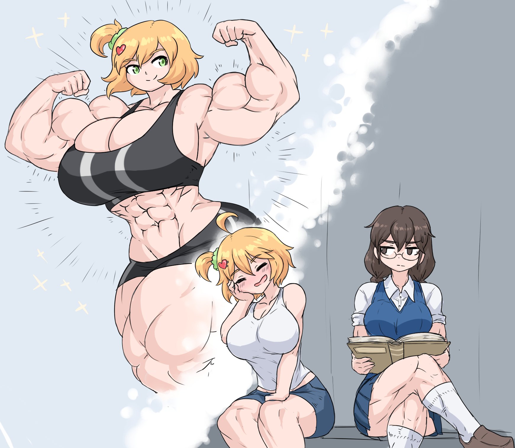 alice (sheepapp), big breasts, blush lines, book, breasts, brown hair, daydream, female, glasses, green eyes, harper (sheepapp), imagining, looking at partner, muscle growth, muscles, muscular, muscular female, school uniform, sheepapp, small breasts, tight clothing, white hair, yellow hair