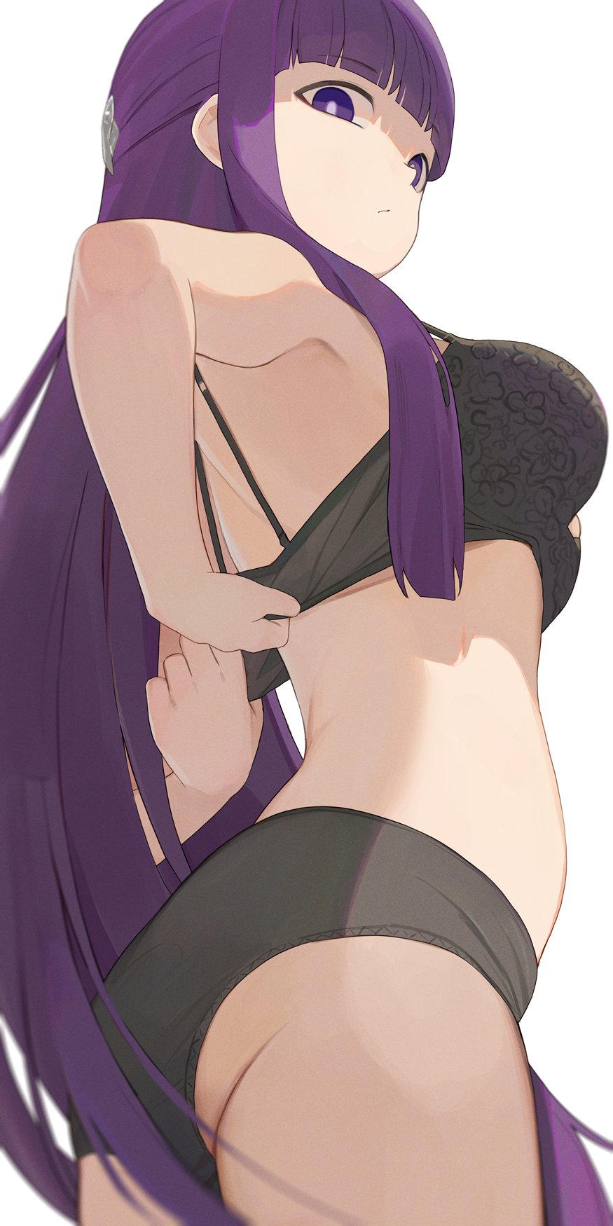 1girls adult armpits ass back bare_arms bare_legs bare_shoulders bare_thighs belly belly_bulge belly_button black_bra black_panties black_underwear bra breasts breasts elbow female female_focus female_only fern_(sousou_no_frieren) large_breasts long_hair looking_at_viewer panties purple_eyes purple_hair sideboob simple_background slender_body slender_waist slim_girl slim_waist sousou_no_frieren standing thighs thin_waist underboob underwear undressing white_background yyqw7151