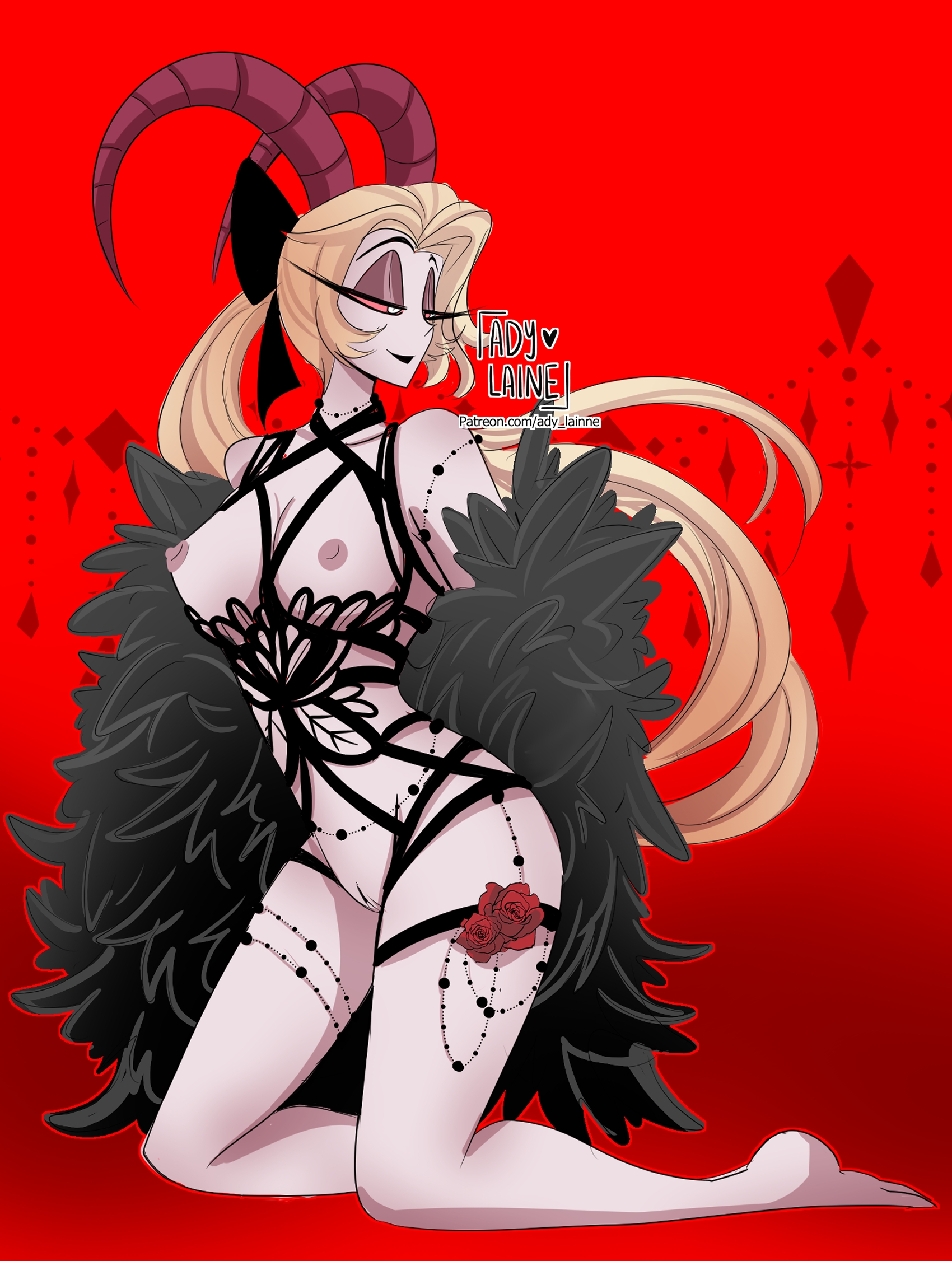 1girls, ady laine, blonde hair, demon, female, female only, hazbin hotel, horns, lilith morningstar (hazbin hotel), lingerie, long hair, mature female, milf, mother, nipples, open mouth, partially clothed, pin up, pinup, pussy, smile, solo, succubus