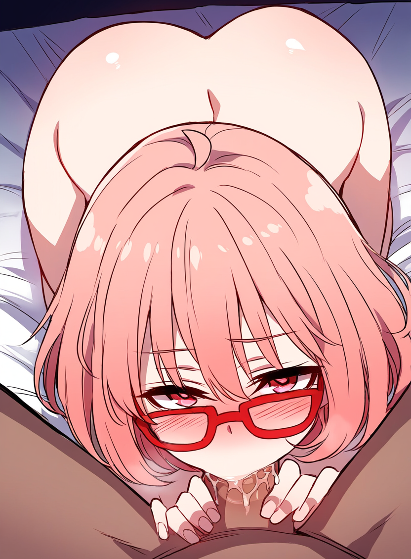 1boy 1boy1girl 1girls ai_generated ass ass_up bed blowjob blush bob_cut completely_nude completely_nude_female erection faceless_male fellatio female glasses hand_on_penis kuriyama_mirai kyoukai_no_kanata looking_at_viewer male_pov nai_diffusion novelai nude nude_female on_bed oral oral_sex penis pink_eyes pink_hair pov red-framed_eyewear saliva short_hair