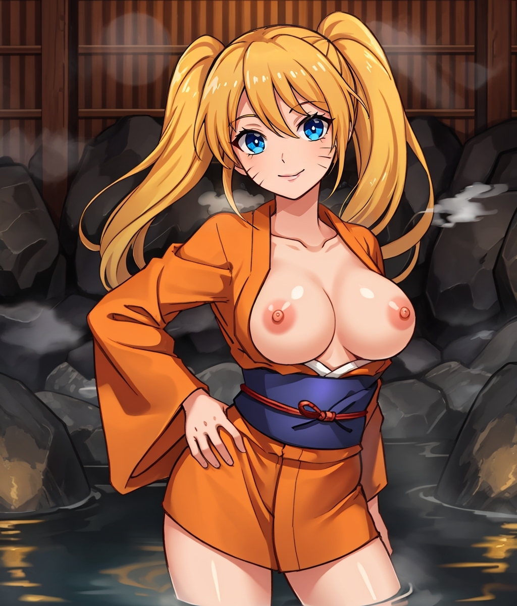 ai generated, big breasts, blonde, blonde female, blonde hair, blue eyes, breasts, female, hand on hip, kimono, kunoichi, leukocrisp, long hair, naruko, naruto, naruto (series), ninja, nipples, onsen, orange clothing, ponytails, posing, posing for the viewer, rocks, rule 63, smile, twintails, twintails (hairstyle), uzumaki naruto, whisker markings