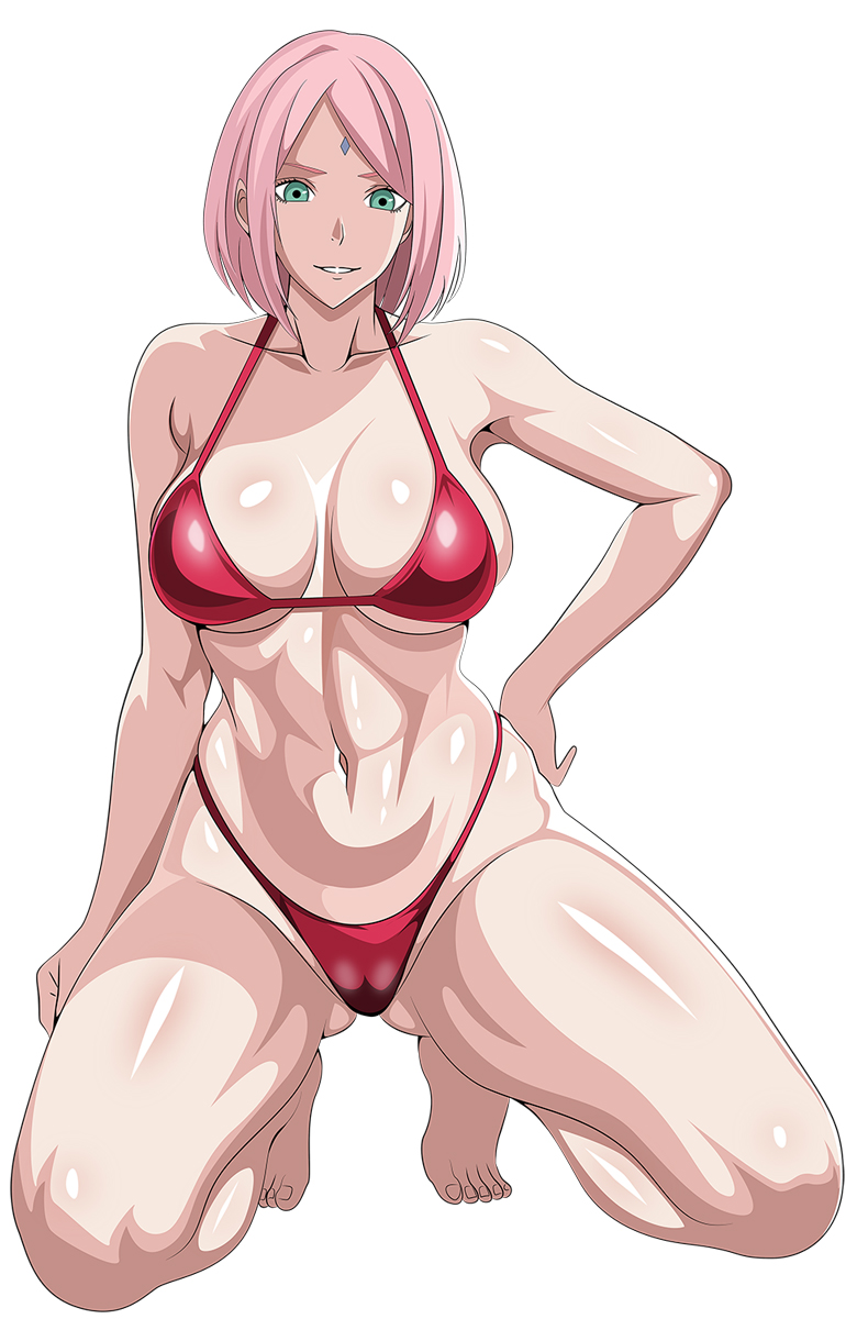 1girls athletic_female bare_legs big_breasts bikini boruto:_naruto_next_generations cleavage female female_abs female_only fit_female haruno_sakura milf naruto naruto_(series) on_knees pink_hair sakura_haruno solo teal_eyes yxyyxy