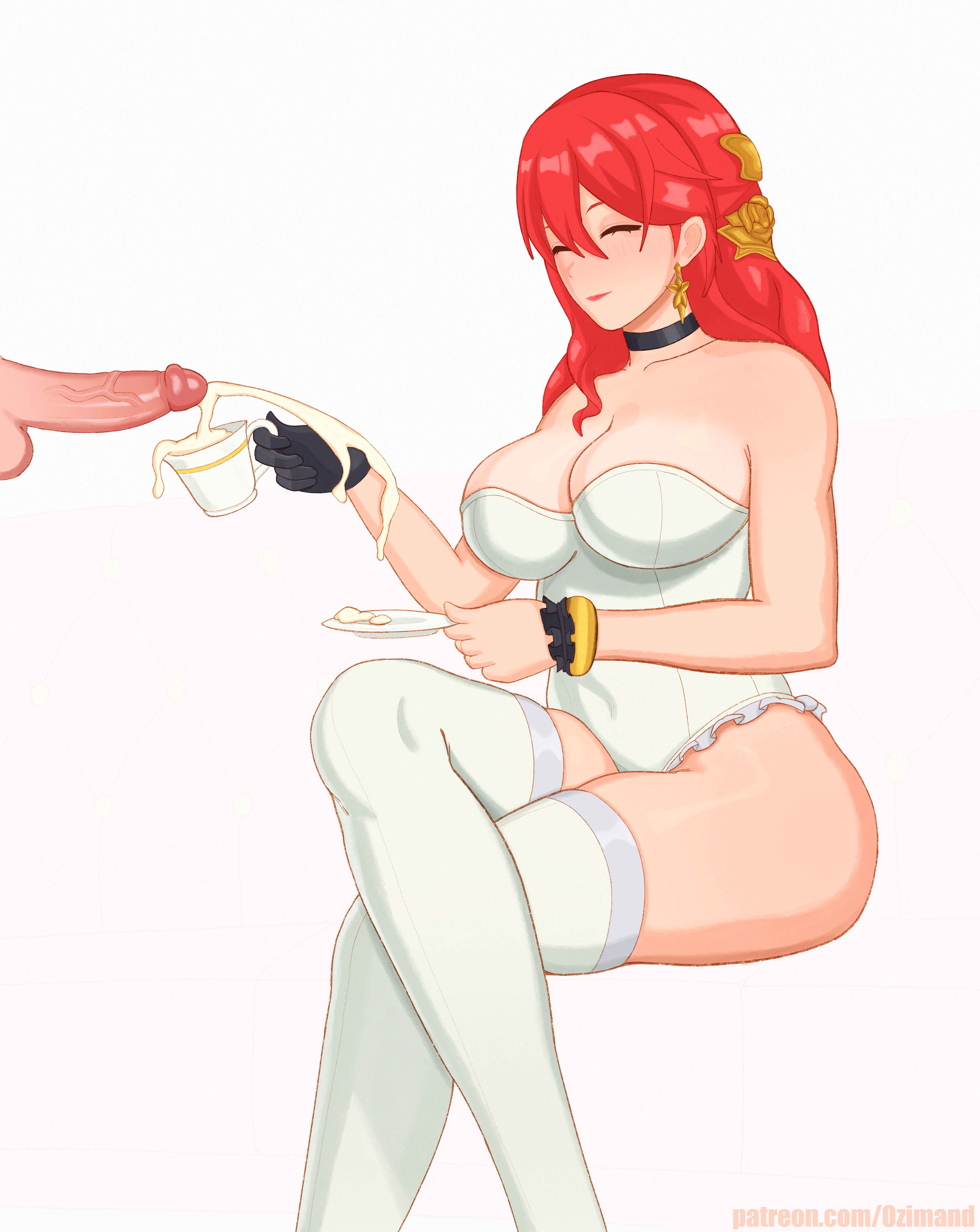 1girls, bare shoulders, big breasts, breasts, closed eyes, closed mouth, crossed legs, cum in container, cum in cup, cumshot, cup, dress, female, gokkun, himeko (honkai: star rail), holding, holding cup, honkai (series), honkai: star rail, long hair, on couch, ozimand, red hair, sitting, smile, teacup, white dress