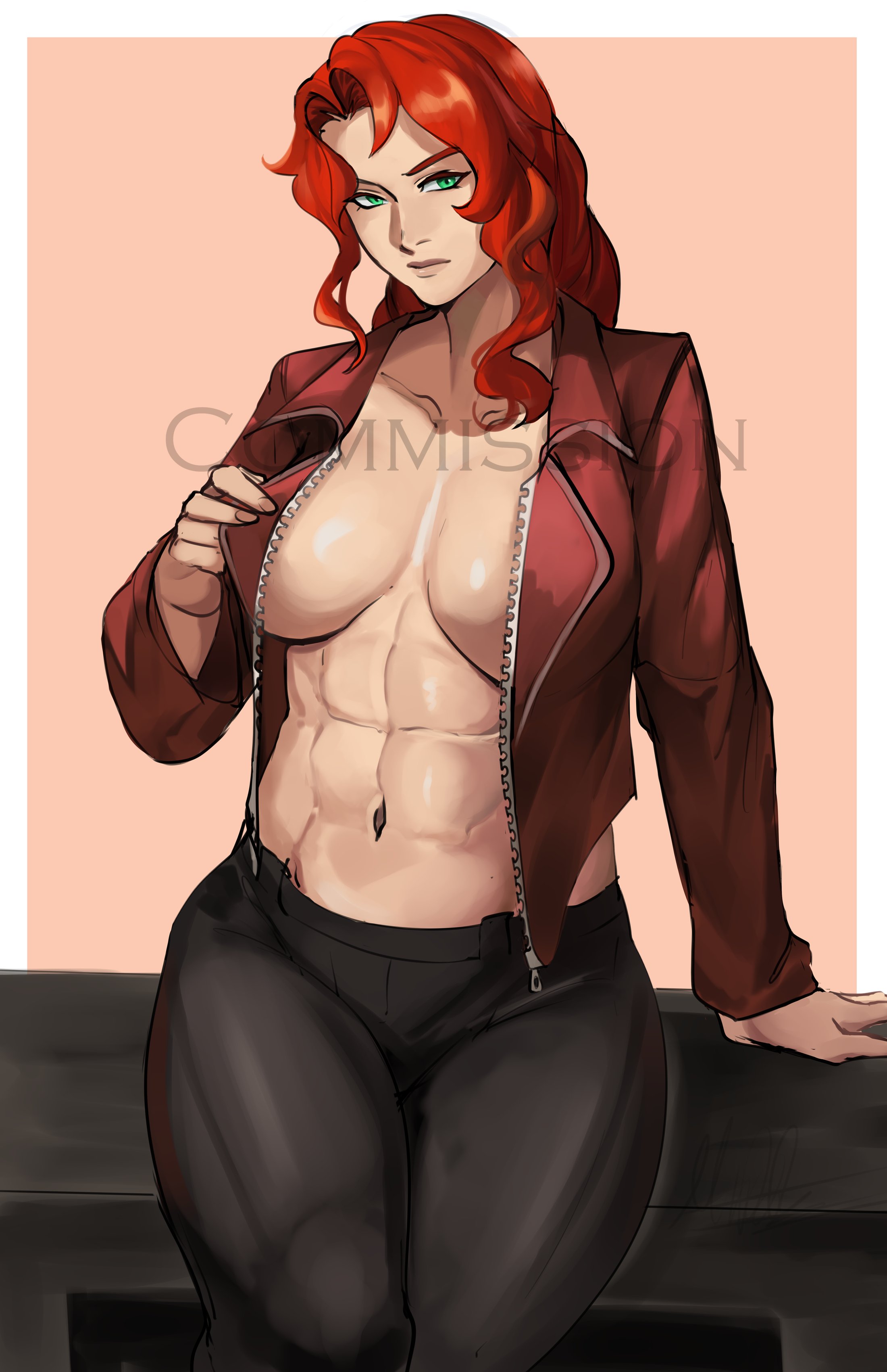 1girls, abs, alternate costume, braless, breasts, buff, commission, female, female only, fire emblem, fire emblem: path of radiance, green eyes, large breasts, muscular, muscular female, nintendo, open clothes, open jacket, puzzled artist, red hair, solo, titania (fire emblem)