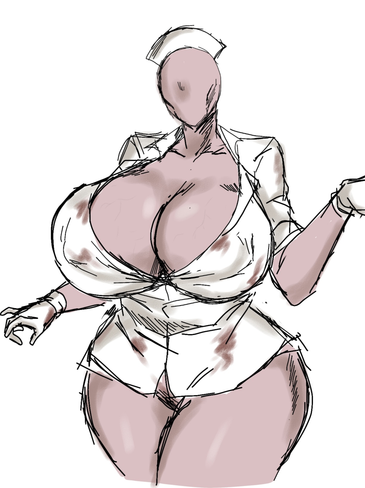 big breasts, blood stain, breasts, bubble head nurse, cleavage, colored sketch, curvaceous, curvy, enormous breasts, faceless, faceless female, female, female only, gloves, huge breasts, humanoid, minidress, momiji (artist), monster girl, no bra, no panties, nurse, nurse (silent hill), nurse cap, nurse uniform, open clothes, short dress, silent hill, silent hill 2, solo, stained clothes, thick thighs, veiny breasts, voluptuous, wide hips