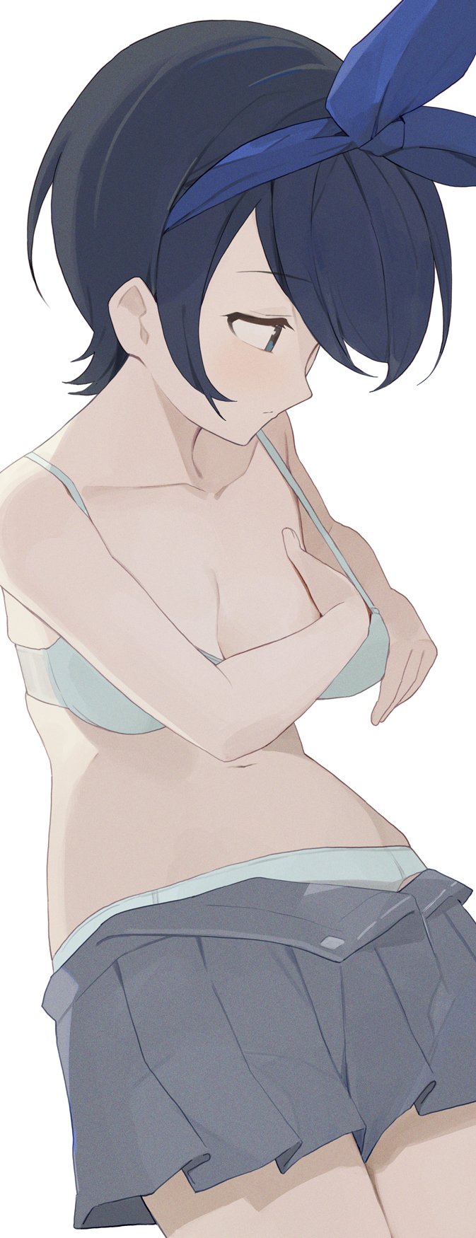 1girls adjusting_bra armpits bare_arms bare_shoulders bare_thighs belly belly_button black_hair blue_bra blue_eyes blue_panties blue_ribbon blue_underwear bra breasts collarbone cute female female_focus female_only hair_ribbon hand_in_bra hand_in_own_bra hand_in_underwear hand_on_breast hand_up kanojo_okarishimasu light_skin medium_breasts panties sarashina_ruka short_hair shoulders simple_background skirt skirt_removed slender_body slender_waist slim_girl slim_waist soft_shading solo standing student teenager thighs thin_waist underwear undressing white_background yyqw7151