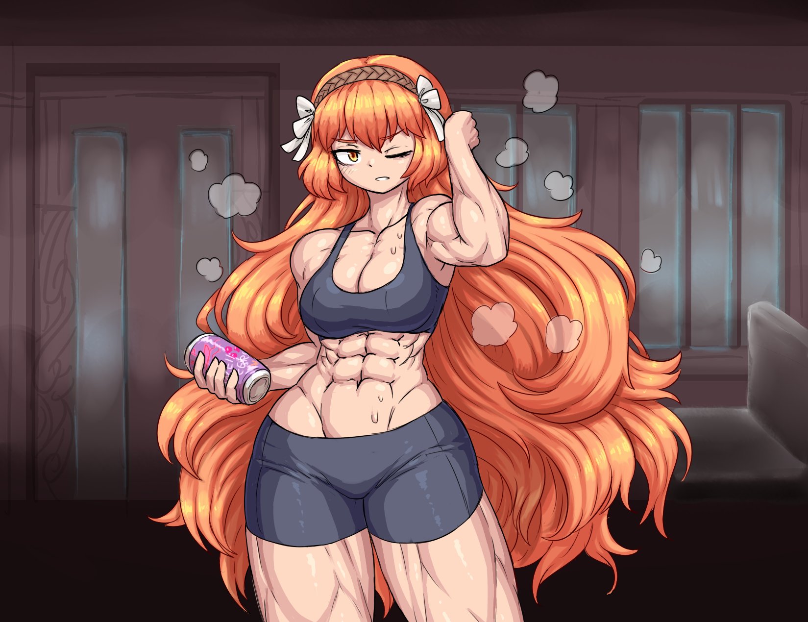 abs, breasts, closed eye, female, holding object, ishmael (limbus company), limbus company, muscular, muscular female, orange eyes, orange hair, project moon, sheepapp, small breasts