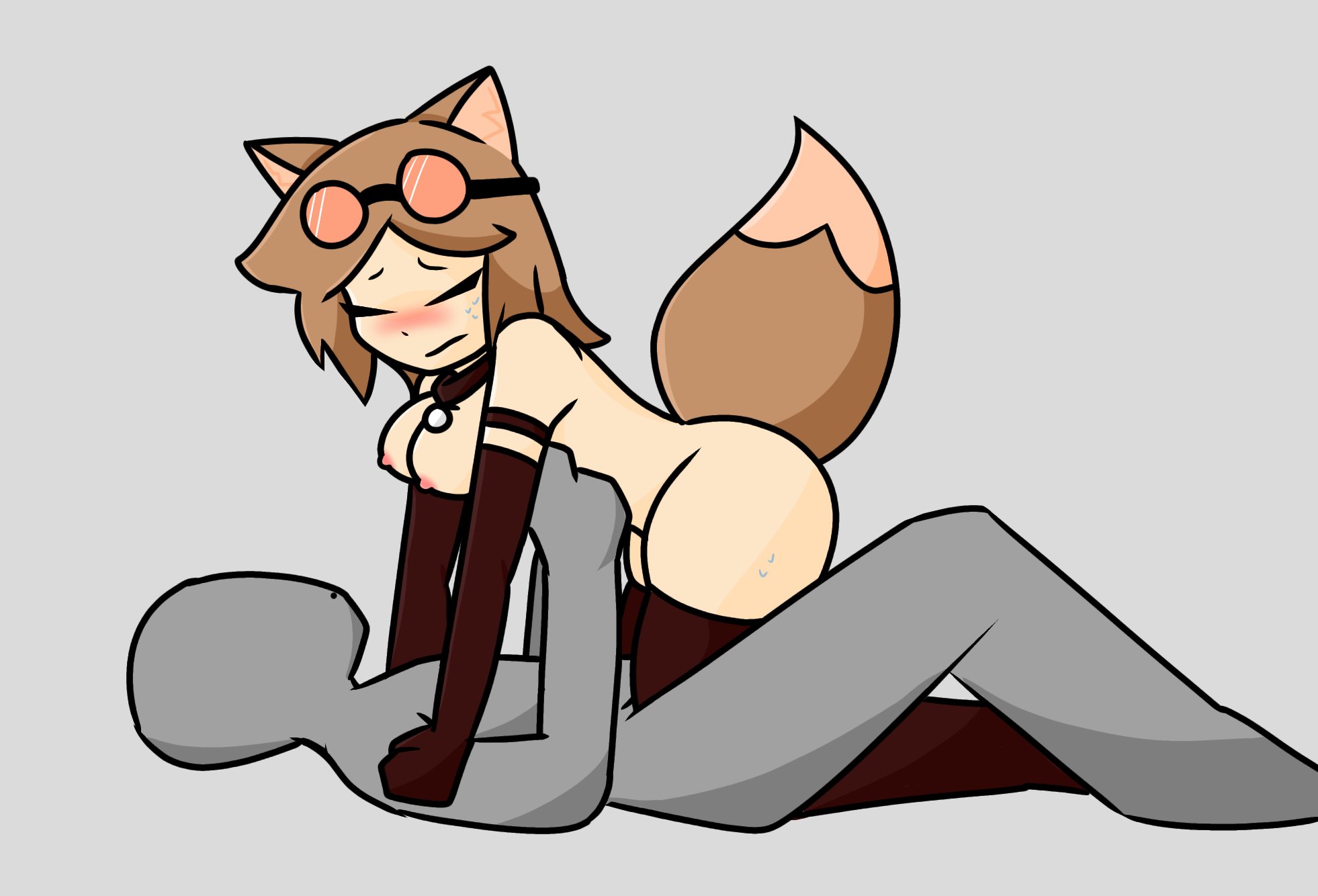 1girls, ambiguous penetration, animal ears, anon, bell, blush, blushing, breasts, breasts out, brown hair, cathie (rivergravidade), collar, eyes closed, female, goggles on head, oc, original, original art, original artwork, original character, originalcharacter, riding, rivergravidade, sex, tagme, tagme (artist), tagme (character), tail, thighhighs