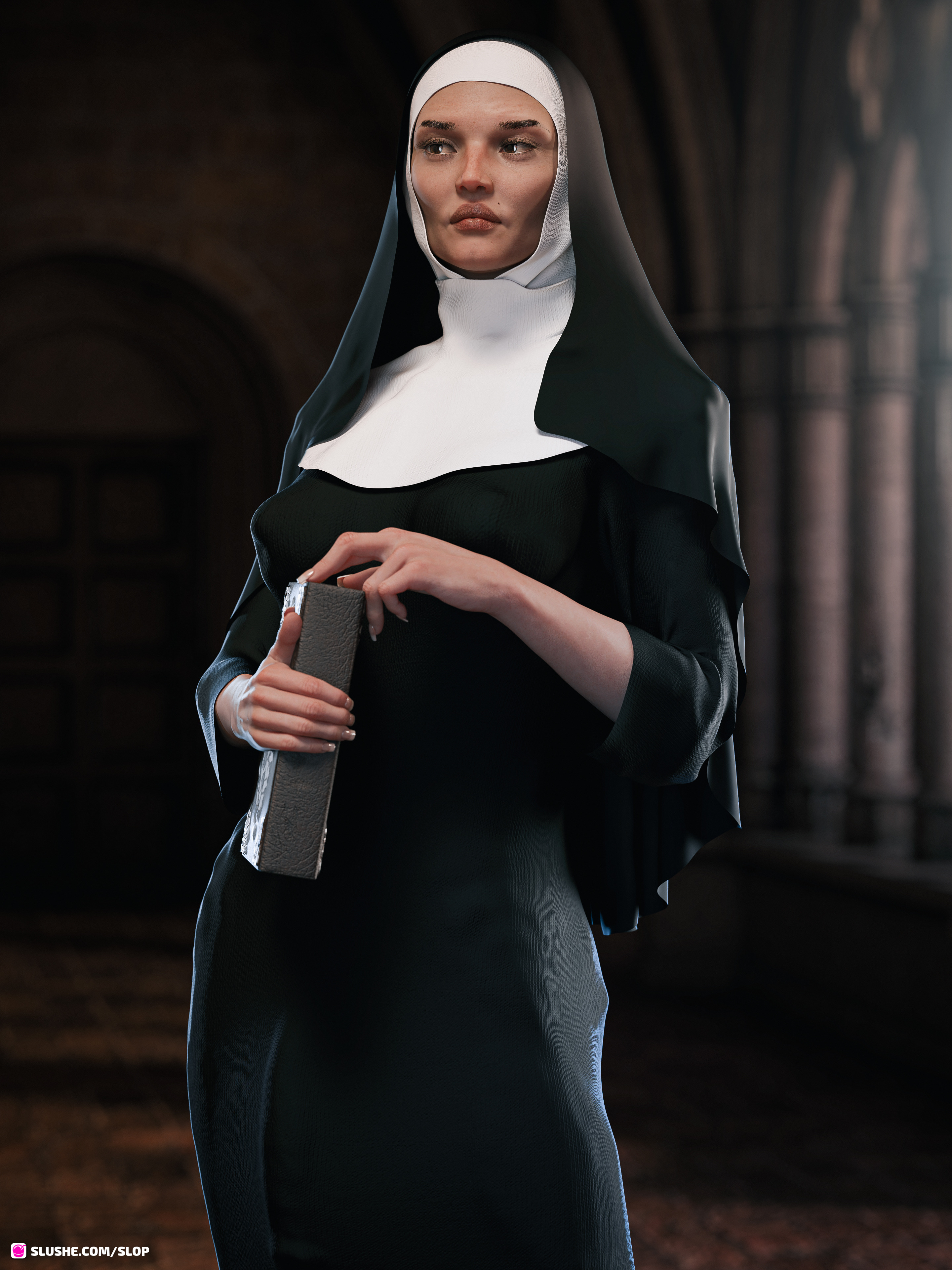 1futa, 2020, 3d, anastasiya lebedev, bulge, bulge through clothing, clothed, clothing, french nails, fully clothed, futa only, futanari, human, human only, intersex, light skin, light-skinned futa, mature, mature futa, mole above mouth, nipple bulge, nun, nun futa, nun's habit, slop art, solo, solo futa, tagme