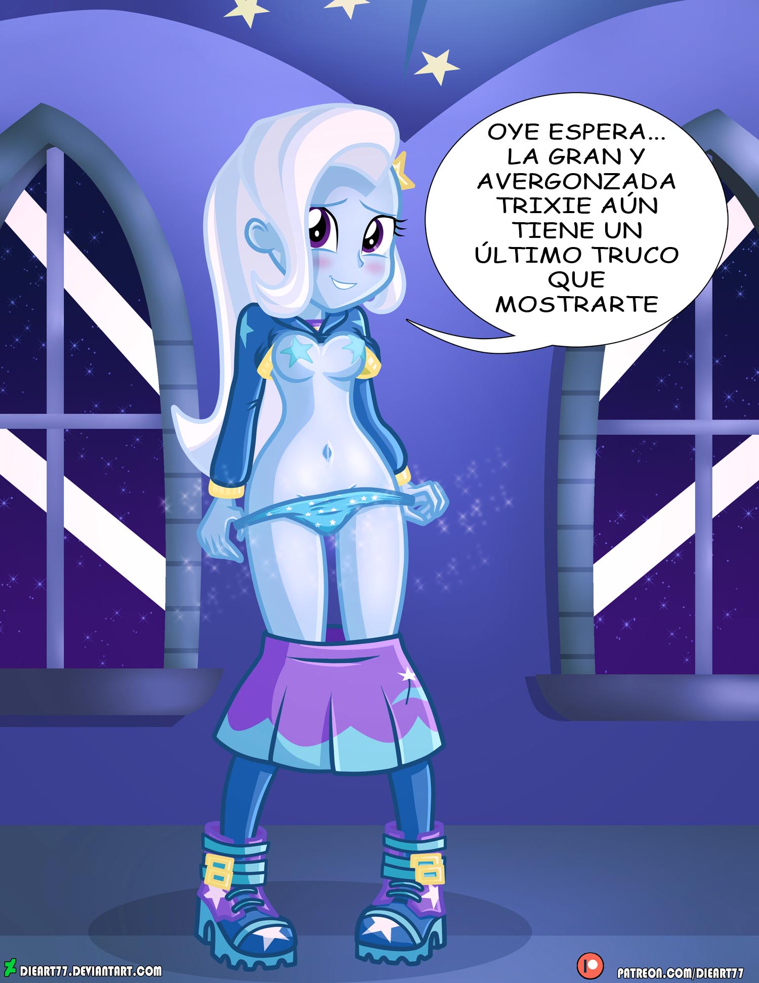 1girls blue_panties blue_skin boobs breasts covered_nipples dieart77 equestria_girls female female_only long_hair medium_breasts my_little_pony patreon_url purple_eyes solo solo_female spanish_text text tits trixie_(mlp) trixie_lulamoon_(eg) underwear undressing url white_hair