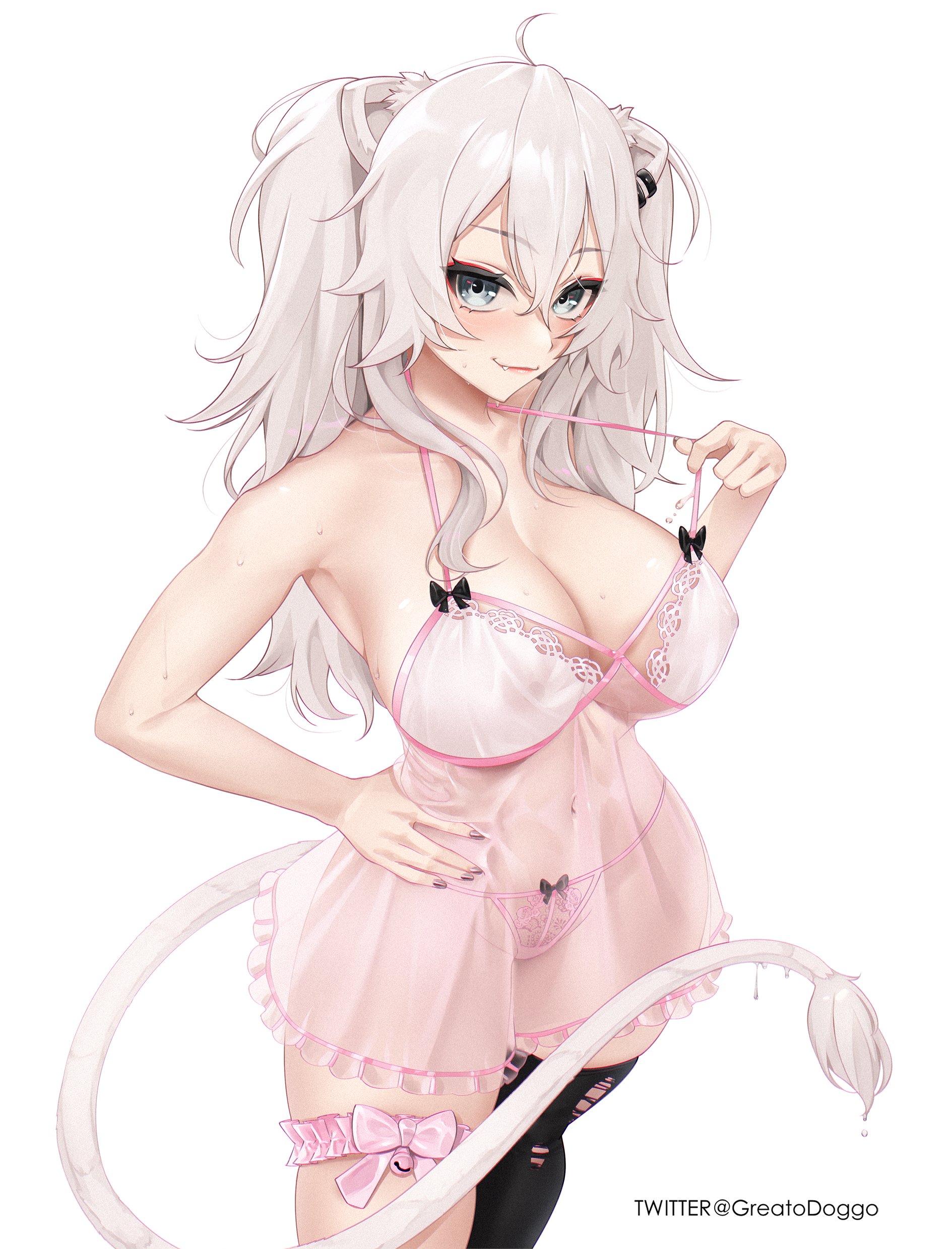 ahoge, animal ears, armpits, breasts, ear piercing, female, greatodoggo, hand on hip, hololive, hololive gen 5, hololive japan, large breasts, negligee, nightgown, nipples visible through clothing, oerba yun fang, pink panties, pulling clothing, ribbons, see-through, shishiro botan, silver eyes, silver hair, smirk, sweat, sweatdrop, tail, thighhighs, virtual youtuber