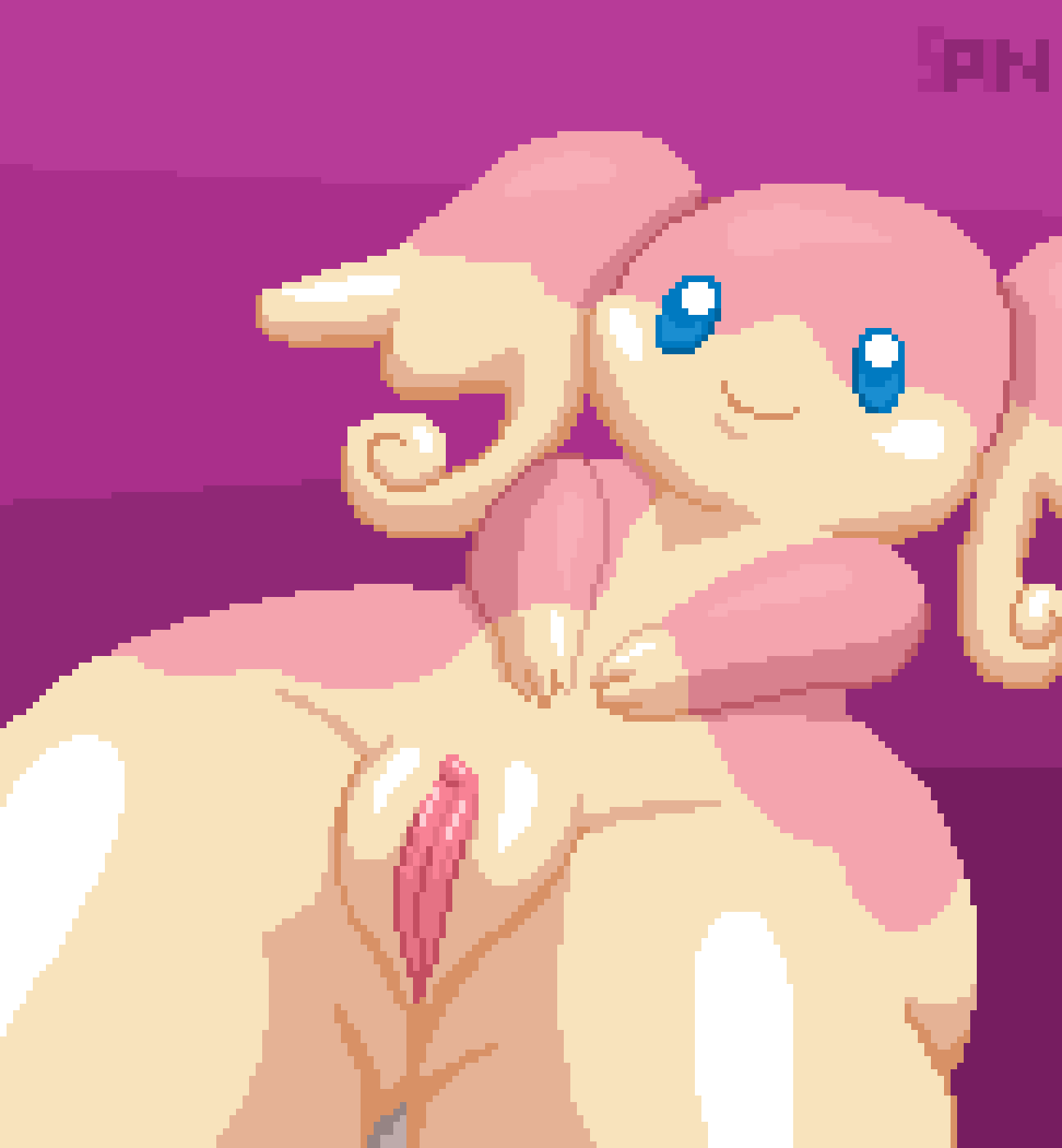anthro, audino, blue eyes, clitoris, digital media (artwork), female, female only, genitals, hand on stomach, hi res, huge hips, huge thighs, multicolored body, naked, nintendo, nude, pixel art, pokémon (species), pokemon, pokemon (species), pussy, smile, solo, solo female, spinneborg, thick thighs, two-tone body, video games, wide hips