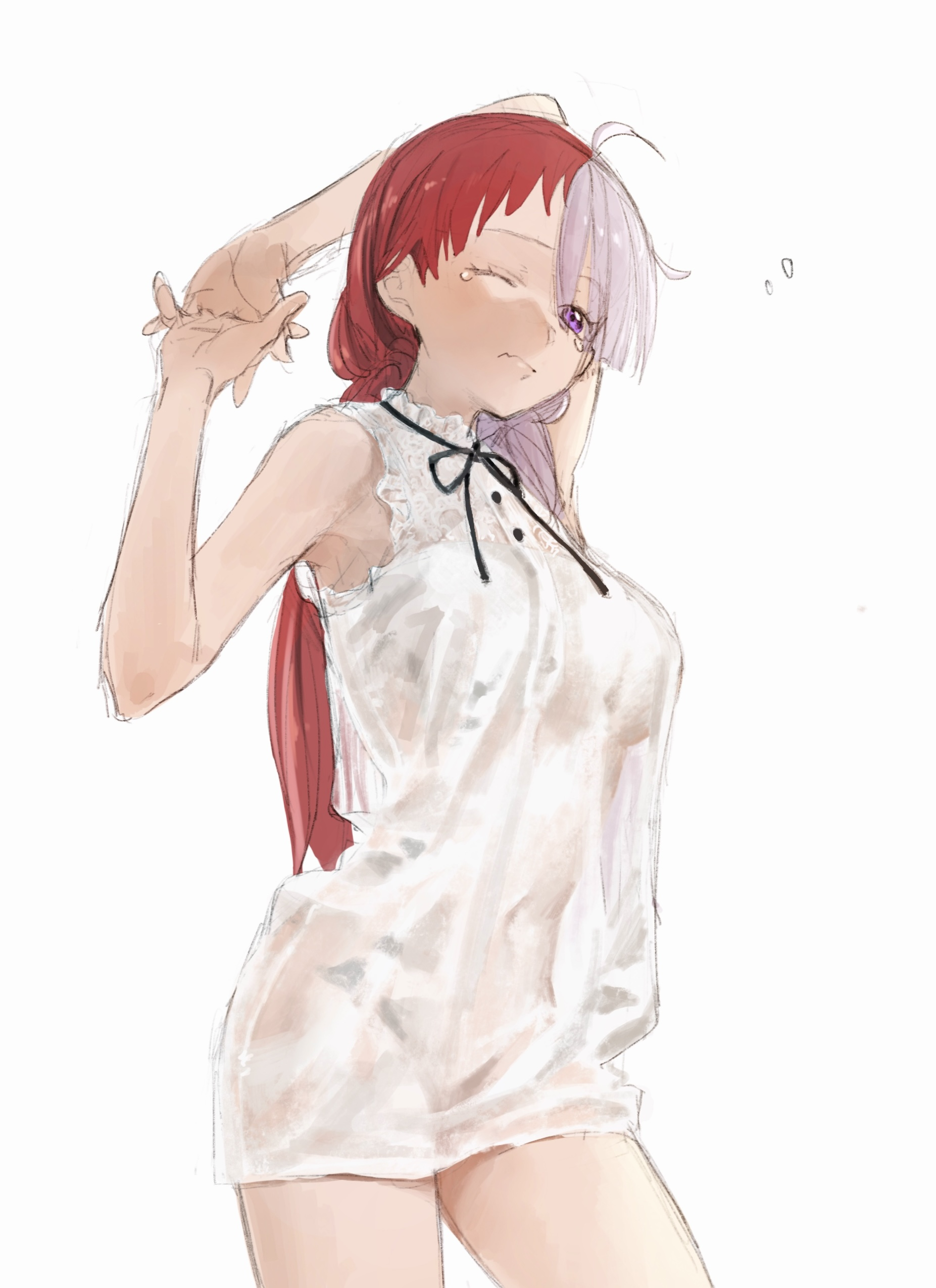 1girls, breasts, casual, dress, female, female only, lace, lace trim, medium breasts, midriff, multicolored hair, nightgown, one eye closed, one piece, pink hair, purple eyes, red hair, red-haired female, see-through, see-through clothing, sleeveless, solo, stretching, thighs, two-tone hair, urasanmyaku, uta (one piece), waking up, white dress, white hair, white-haired female