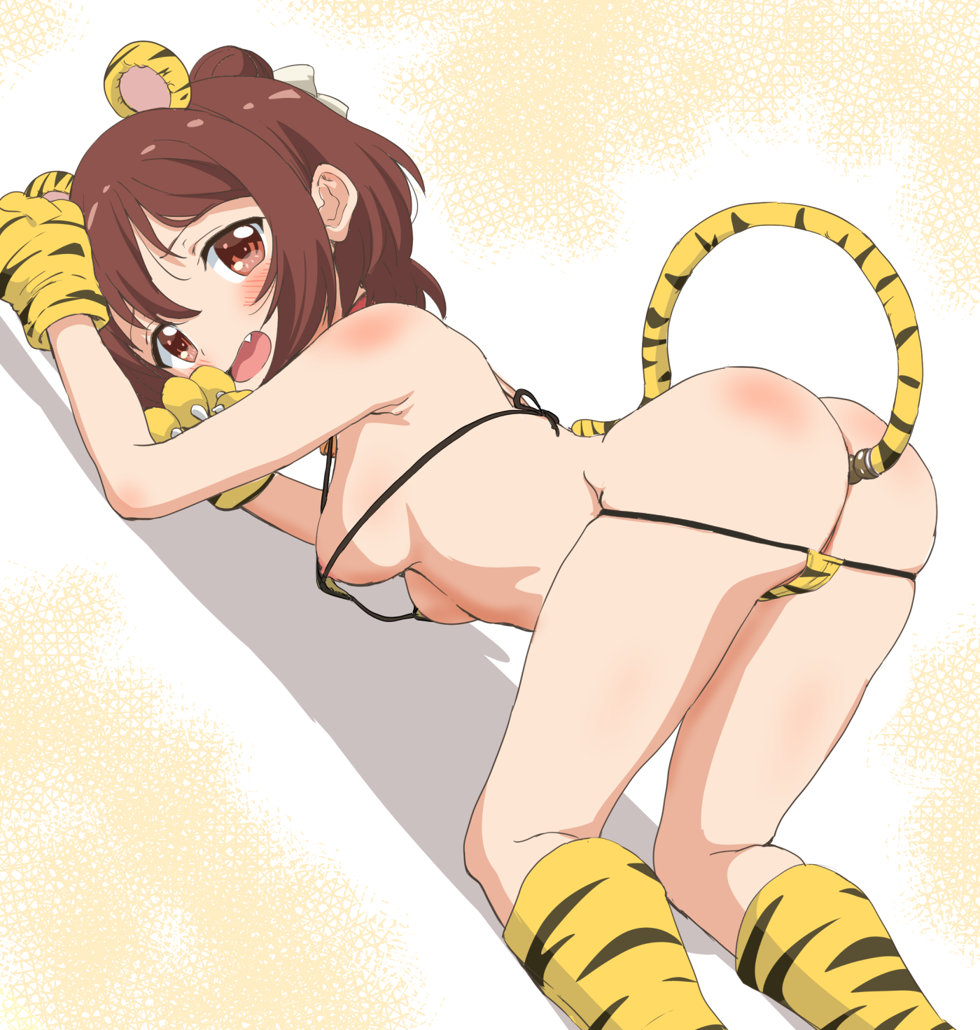 10s, 1girls, all fours, anal, anal object insertion, anal tail, anima yell!, animal ears, animal hands, animal print, ass, bikini, blush, breasts, brown hair, buttplug tail, fake animal ears, fake tail, female, highres, looking at viewer, looking back, medium breasts, micro bikini, nipples, object insertion, oerba yun fang, short hair, sincos, solo, swimsuit, tail, tatejima kotetsu, tiger print