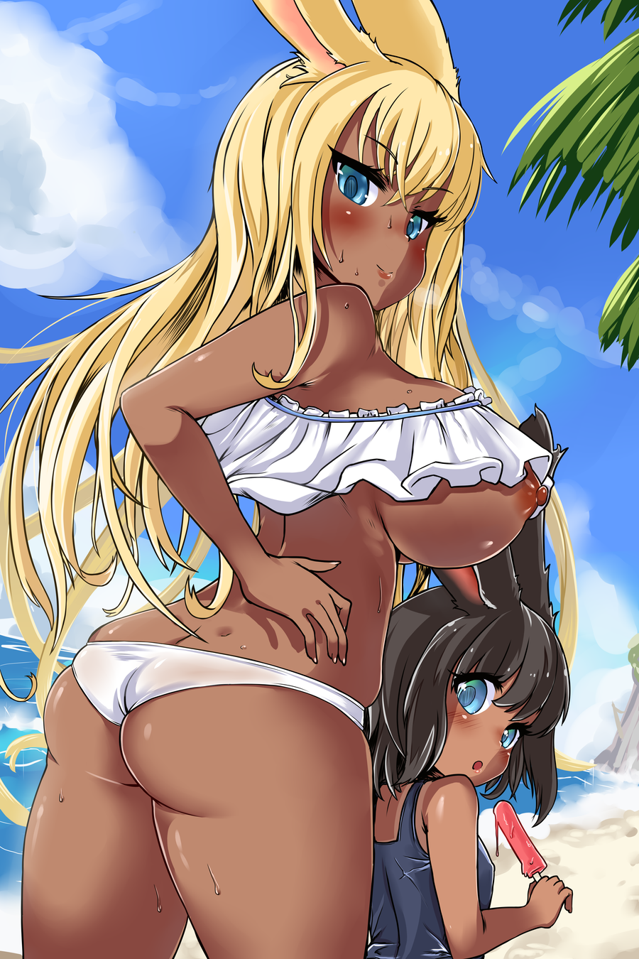 2girls :o animal_ears asanagi_(style) ass ass_cleavage avatar_(ff14) beach bikini black_hair blonde_hair blue_eyes blue_swimsuit blush breasts breasts_out bursting_ass butt_crack dark_skin final_fantasy final_fantasy_xiv fingernails food frills from_behind hand_on_hip highres holding ihcaris large_breasts long_fingernails long_hair looking_at_viewer looking_back micro_bikini mother_and_daughter multiple_girls nipples ocean one-piece_swimsuit open_mouth popsicle rabbit_ears rabbit_girl short_hair skindentation smile sweat swimsuit thighs tight very_long_hair viera white_swimsuit