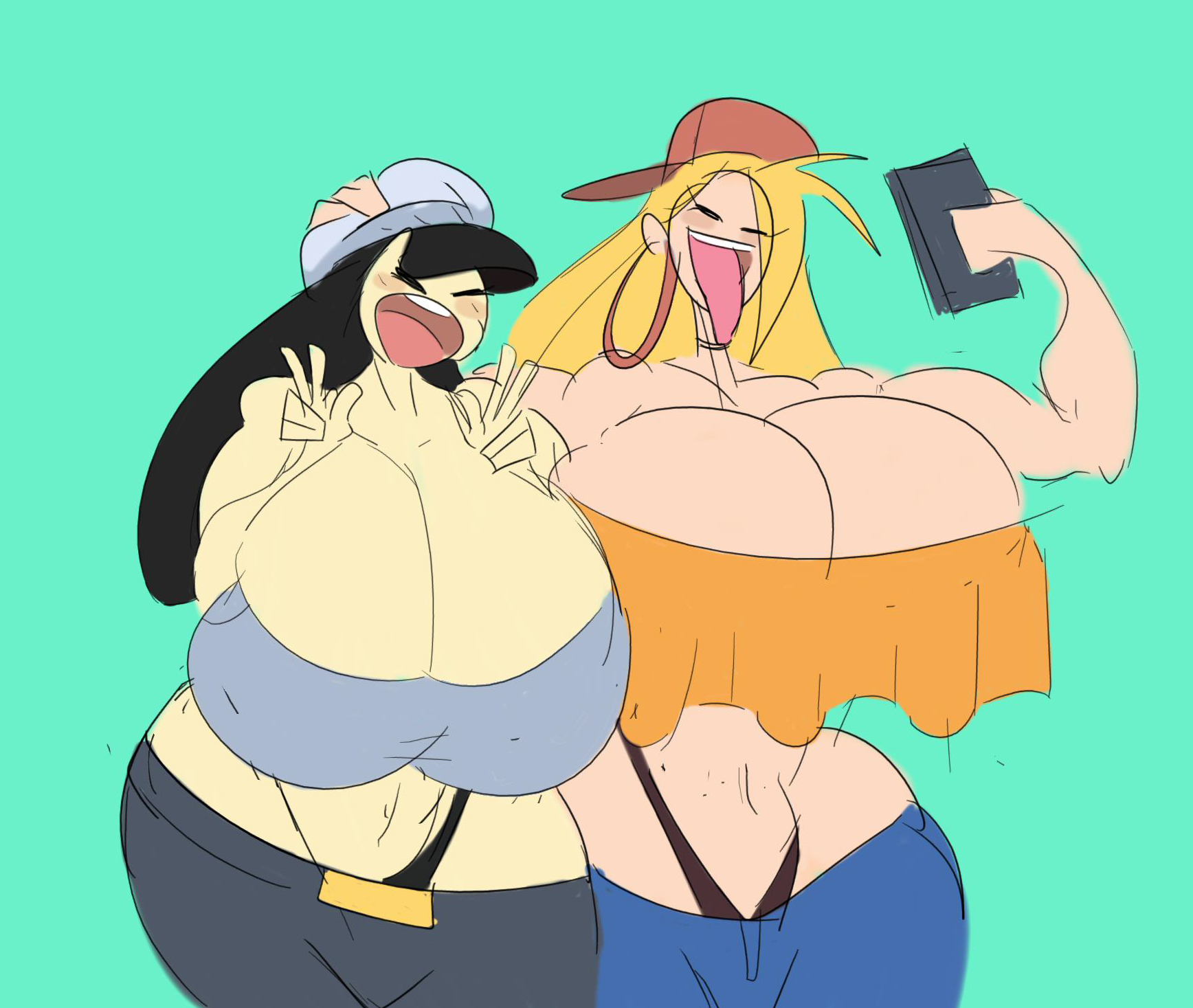2girls, asian, ass, big ass, big breasts, big butt, big hips, big thighs, breasts, cleavage, closed eyes smile, cream vanilla, female, female focus, female only, gigantic ass, gigantic breasts, gigantic butt, honey tanaka, hourglass figure, huge ass, huge breasts, huge butt, huge hips, huge thighs, hyper, hyper breasts, hyper hourglass, large ass, large butt, long tongue, selfie, tasteofchoklit, tastetown (tasteofchoklit), wide hips, yellow-skinned asian