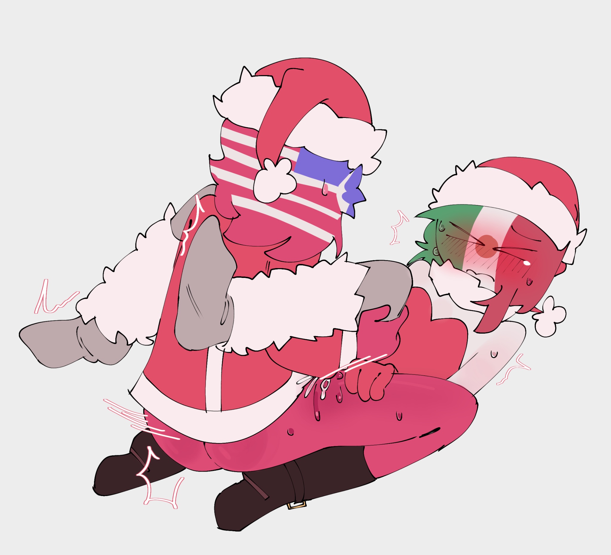 2boys, anal, anal sex, blush, blush lines, christmas, christmas outfit, churranio, countryhumans, dress, fur, gay, gay anal, gay sex, hat, holding legs, male, mexico (countryhumans), santa costume, santa dress, santa hat, socks, united states of america (countryhumans)