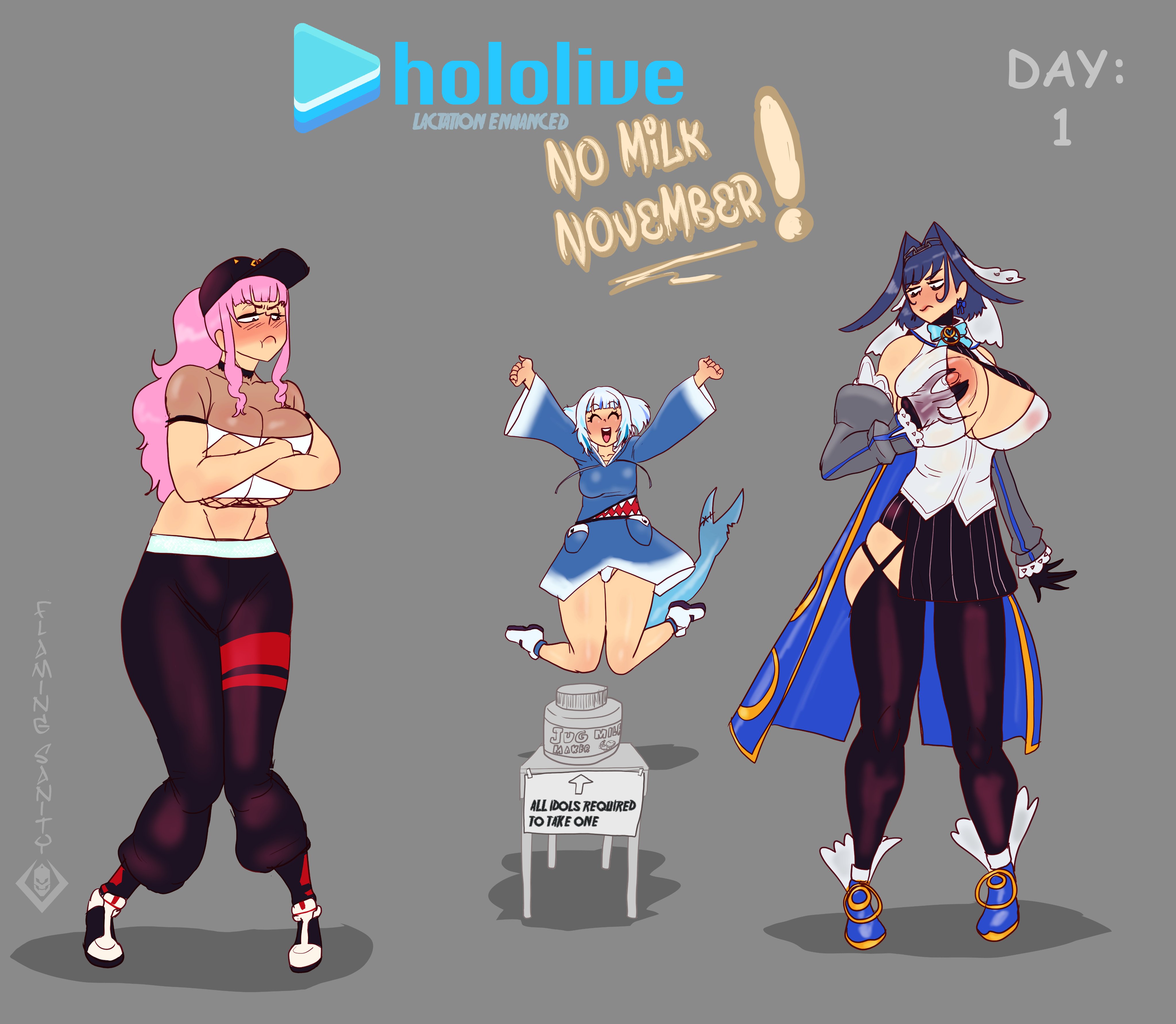 alternate breast size, breasts, female, flamingsanity, gawr gura, hololive, hololive english, hololive english -council-, hololive english -promise-, hololive myth, hololive no milk november, huge breasts, lactation denial, medium breasts, mori calliope, ouro kronii, sfw, virtual youtuber