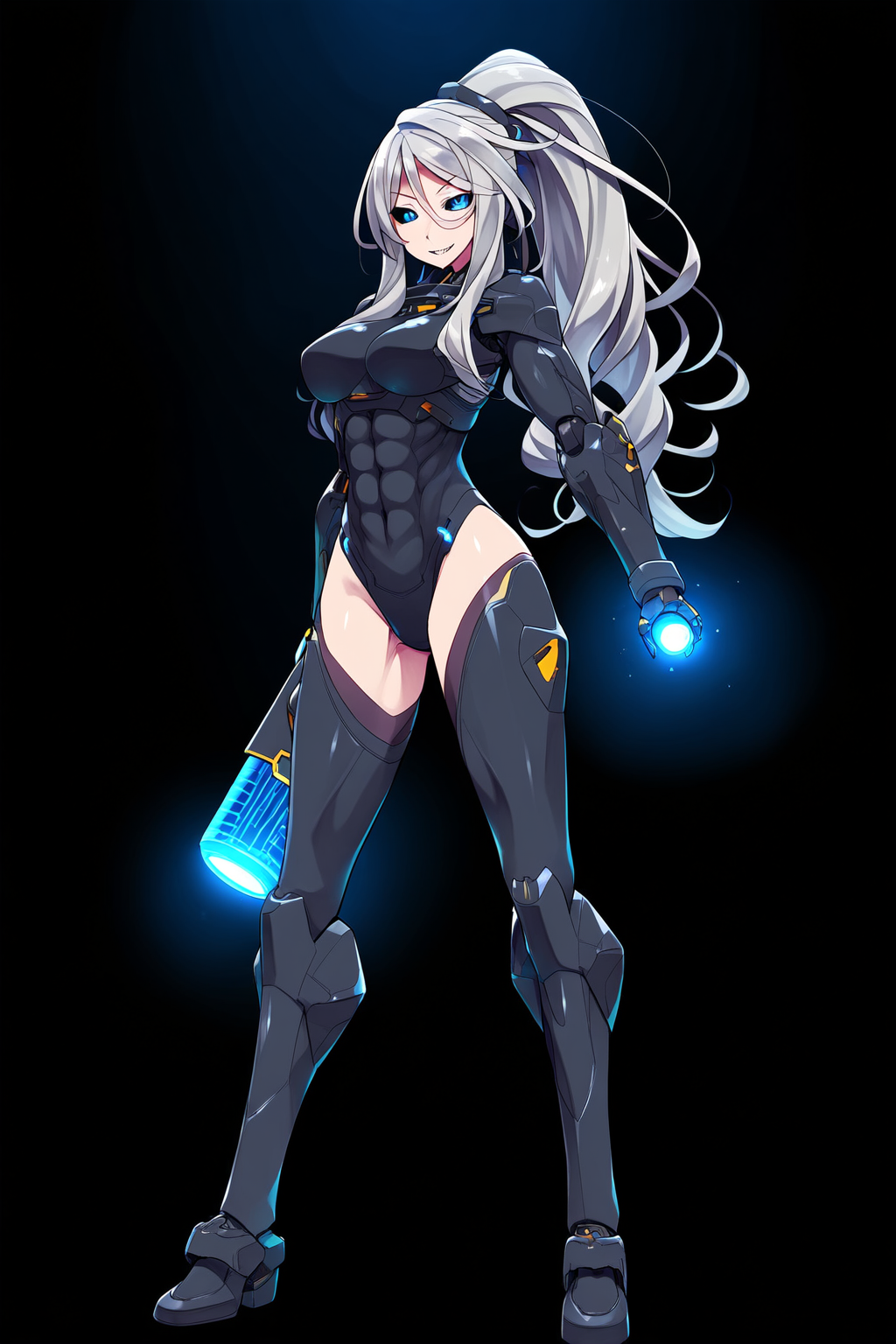 ai_generated android black_sclera blue_eyes combat_form gray_hair hismajestyii jenn_schauber_(hismajestyii) jenn_schauber_(t-17_warform)_(hismajestyii) large_breasts leotard leotard_pattern light_skin mature mature_female menacing novelai original original_character sharp_teeth silver_hair slim smile synthetic_body