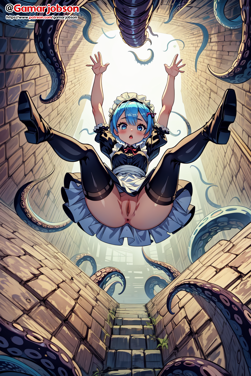 ai_generated blue_eyes blue_hair falling floating gamarjobson maid maid_headdress maid_uniform no_panties re:zero_kara_hajimeru_isekai_seikatsu rem_(re:zero) spread_legs tentacle