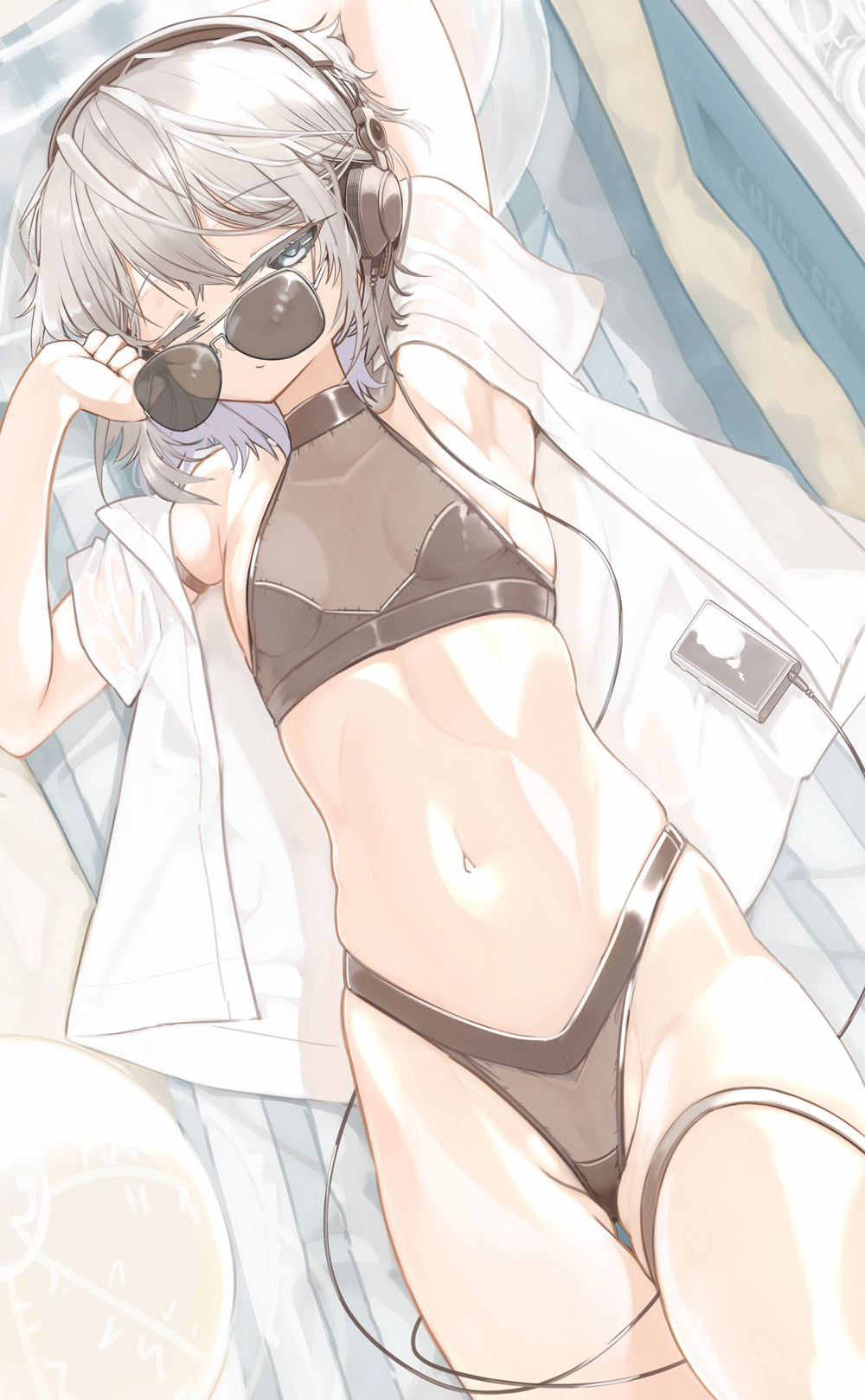 1girls, adjusting eyewear, adjusting glasses, adjusting sunglasses, aviator sunglasses, belly button, blue eyes, breasts, female, genek, headset, looking over eyewear, looking over glasses, looking over sunglasses, lying, lying on back, one eye closed, open shirt, petite, petite body, petite female, slim waist, small breasts, sunglasses, teenager, tinted eyewear, underwear, white hair