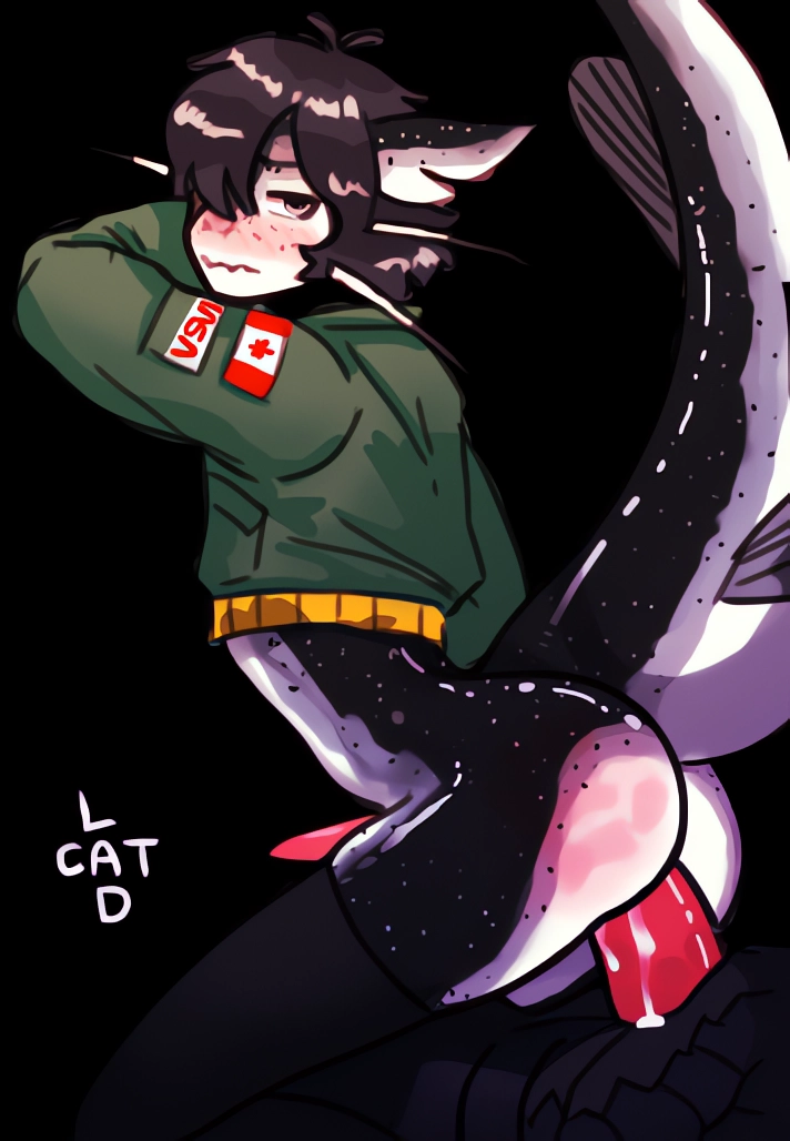 anal anthro arched_back barbel_(anatomy) big_penis black_body black_hair black_skin black_spots blush bodily_fluids bomber_jacket canada_flag canadian_flag catfish catlad clothing cum cum_inside fin fish fish_fin freckles genital_fluids genitals girly glistening glistening_body glistening_skin grey_eyes hair legwear looking_back male male/male marine medium_hair nasa on_bottom on_top otto_(catlad) pale_eyes penis pink_penis red_penis reverse_cowgirl_position scales sex short_hair signature simple_background sitting_on_penis slim solo spots tail thick_tail thigh_highs whiskers white_body white_skin white_spots