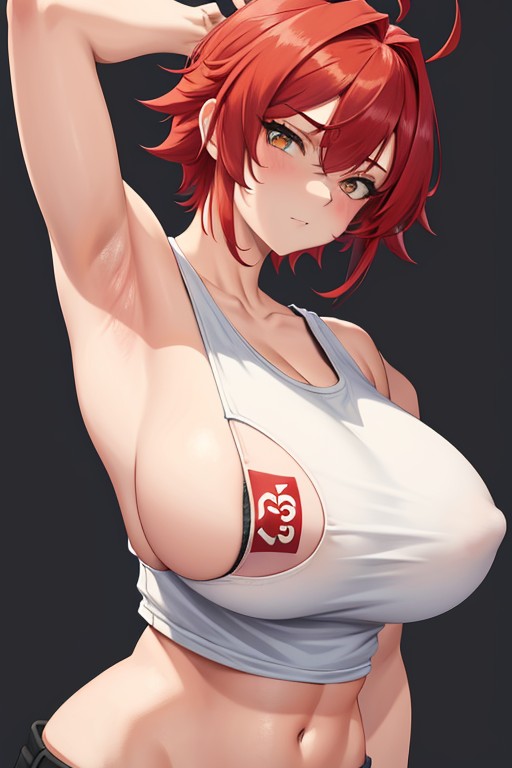 abs, ai generated, aizawa tomo, armpits, athletic, blush, breasts, female, huge breasts, light skin, nipples visible through clothing, red hair, tomboy, tomo-chan wa onna no ko