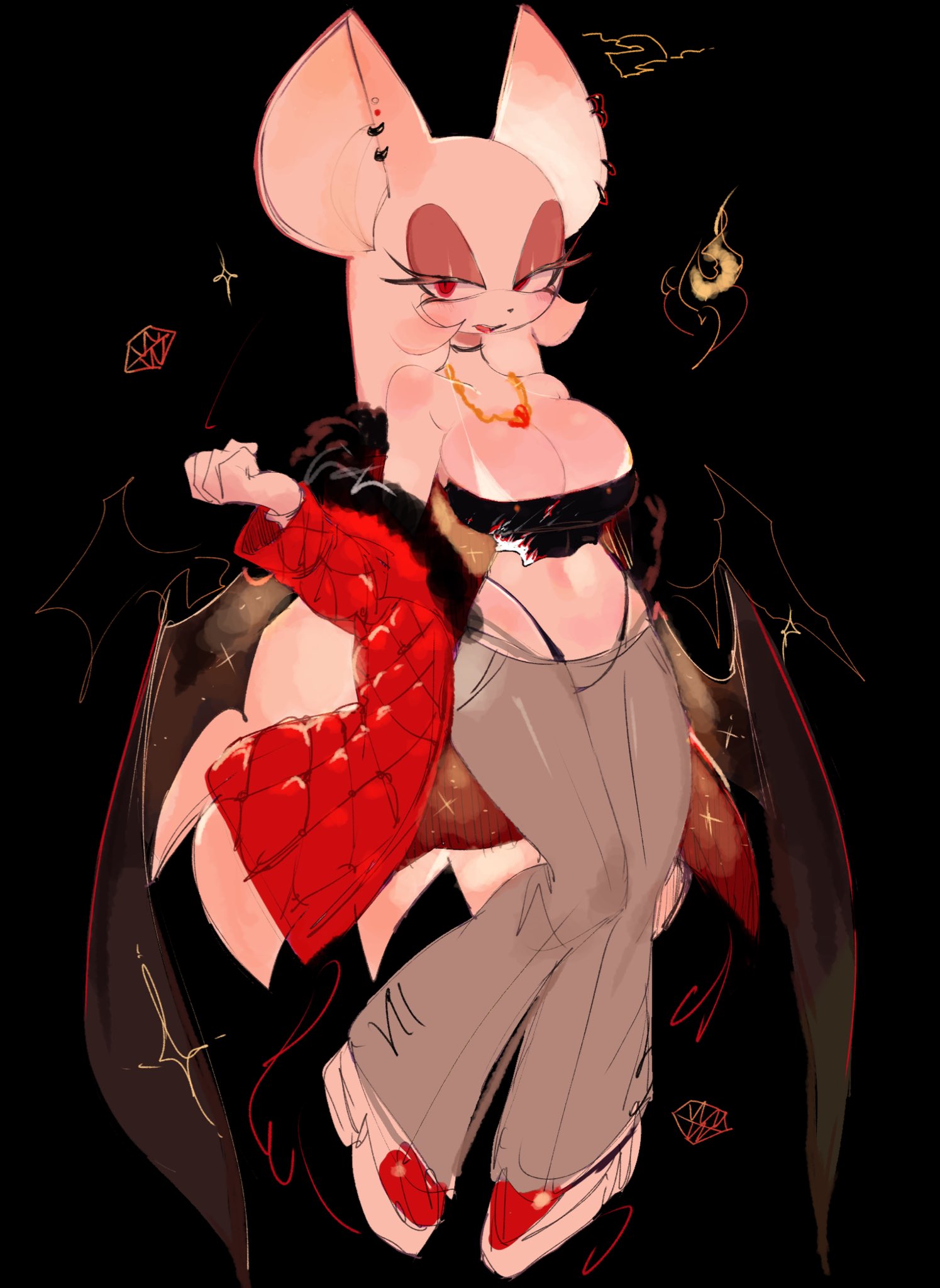 1girls, 2024, 2d, 2d (artwork), alternate hair length, alternate hairstyle, animal humanoid, anthro, anthro only, bare shoulders, bat, bat humanoid, bat wings, big breasts, black choker, bra, breasts, choker, clothed, clothing, color, colored, ear piercing, fanart, female, fur, jacket, long hair, looking at viewer, mobian, mobian (species), mobian bat, necklace, panties, red eyes, red jacket, rouge the bat, seductive, sega, sonic (series), sonic adventure 2, sonic the hedgehog (series), thong, tubetop, usa37107692, very long hair, video game character, video game franchise, video games, white fur, white hair, wings
