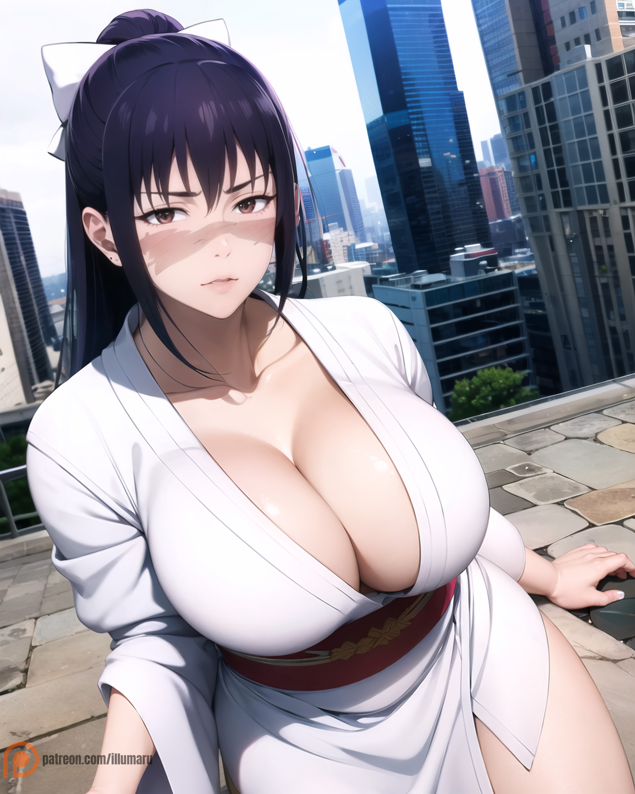 1girls, 2024, ai generated, big breasts, black hair, blush, bow, breasts, brown eyes, city, cleavage, curvaceous, curvy, detailed, embarrassed, facial mark, female, female only, hairbow, hi res, highres, huge breasts, illumaru, indoors, japanese clothes, jujutsu kaisen, kimono, large breasts, long hair, navel, outside, panties, scar, scar on face, seductive look, seductive smile, sitting, skirt, socks, solo, stable diffusion, sweatdrop, underwear, utahime iori, voluptuous, voluptuous female, white bow, white kimono