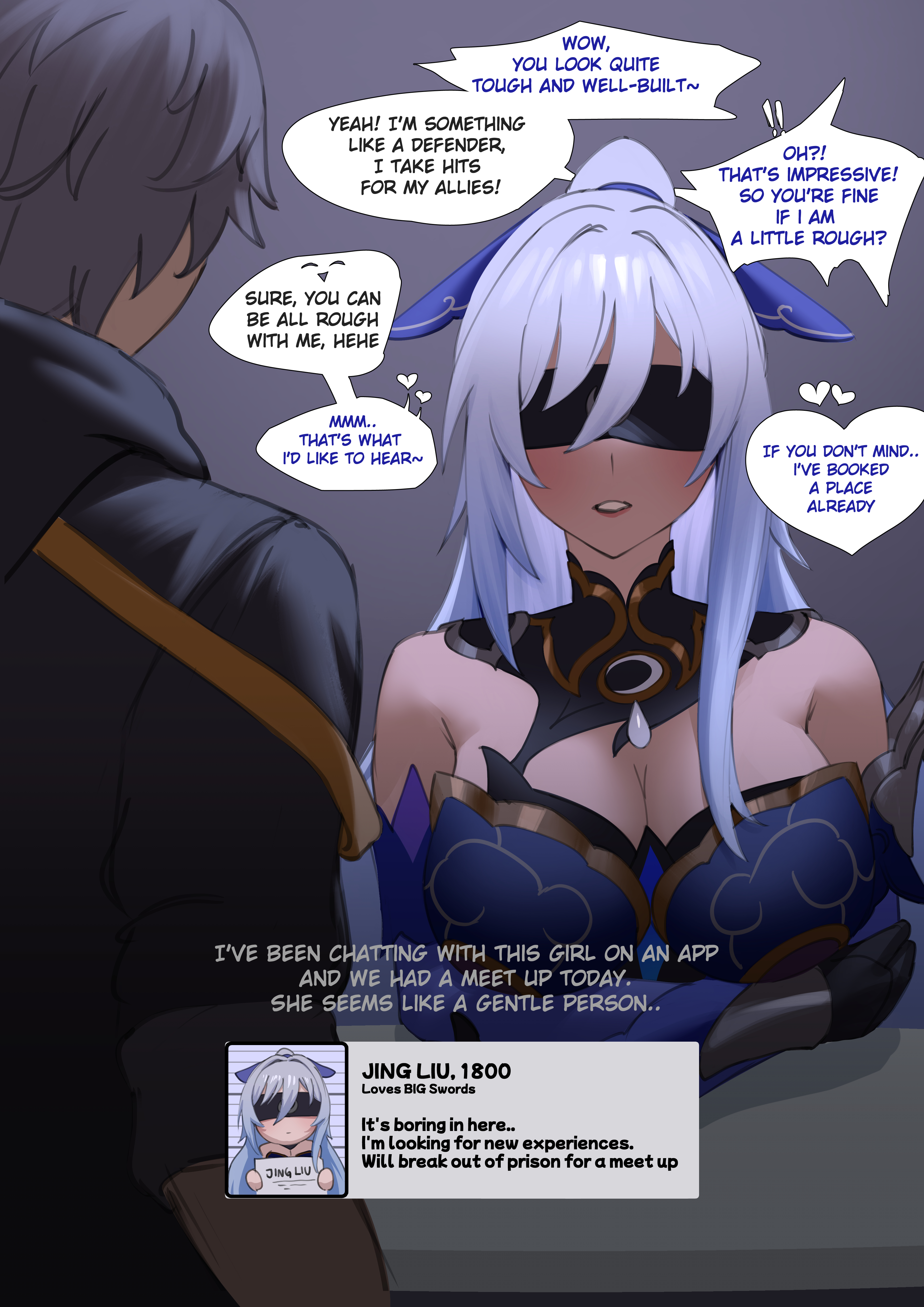 1boy, 1girls, blindfolded, breasts, caelus (honkai: star rail), female, honkai (series), honkai: star rail, jingliu (honkai: star rail), jornyhail, long hair, male, shoulders, silver hair, text, tied hair