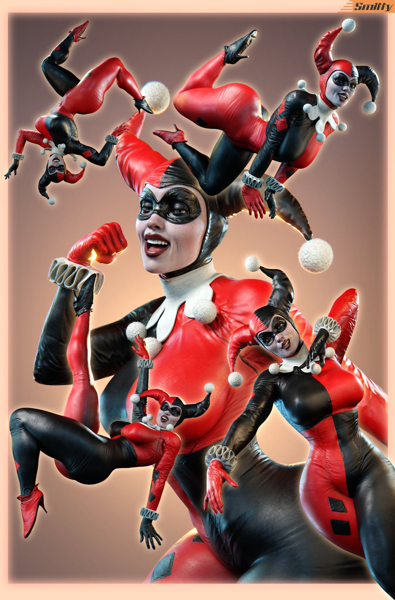 1girls, 3d, ass, batman (series), batman: arkham knight, big ass, big breasts, bodysuit, breasts, busty, clown, clown girl, curvaceous, curvy, curvy figure, dc, dc comics, eyes, female, female only, fully clothed, harley quinn, harley quinn (classic), harley quinn (injustice), high heels, hips, hourglass figure, huge breasts, injustice 2, jester, jester cap, jester costume, jester girl, jester hat, jester outfit, large breasts, lips, smitty34, solo, thick hips, villain, villainess, voluptuous, voluptuous female