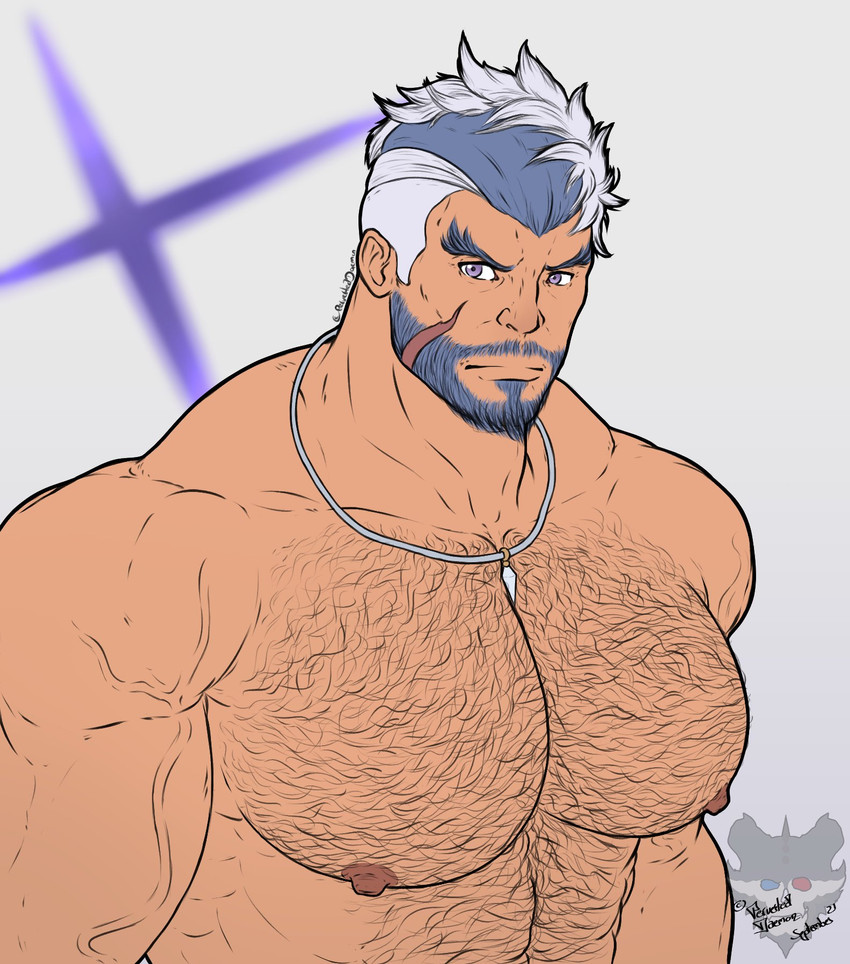 1boy 1male bara bara_tiddies bara_tits beard biceps big_pecs bodybuilder busty chest_hair daddy dilf facial_hair hairy hairy_chest hairy_male huge_pecs human human_only male_focus male_only manly mature mature_male muscles muscular muscular_male mustache necklace necklace_only nipples pecs pectorals perverteddaemon scar scar_on_cheek scar_on_face shoulders solo solo_focus solo_male uncle veiny_muscles vyron_(world_flipper) world_flipper zaddy