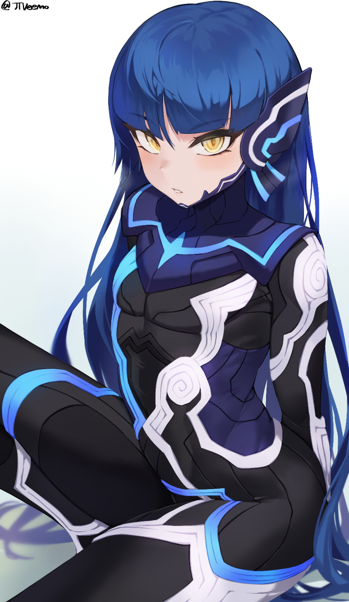 1boy, androgynous, blue hair, bodysuit, femboy, girly, jtveemo, long hair, looking at viewer, male, male only, nahobino (smt), protagonist (shin megami tensei v), shin megami tensei, shin megami tensei v, solo, trap, yellow eyes