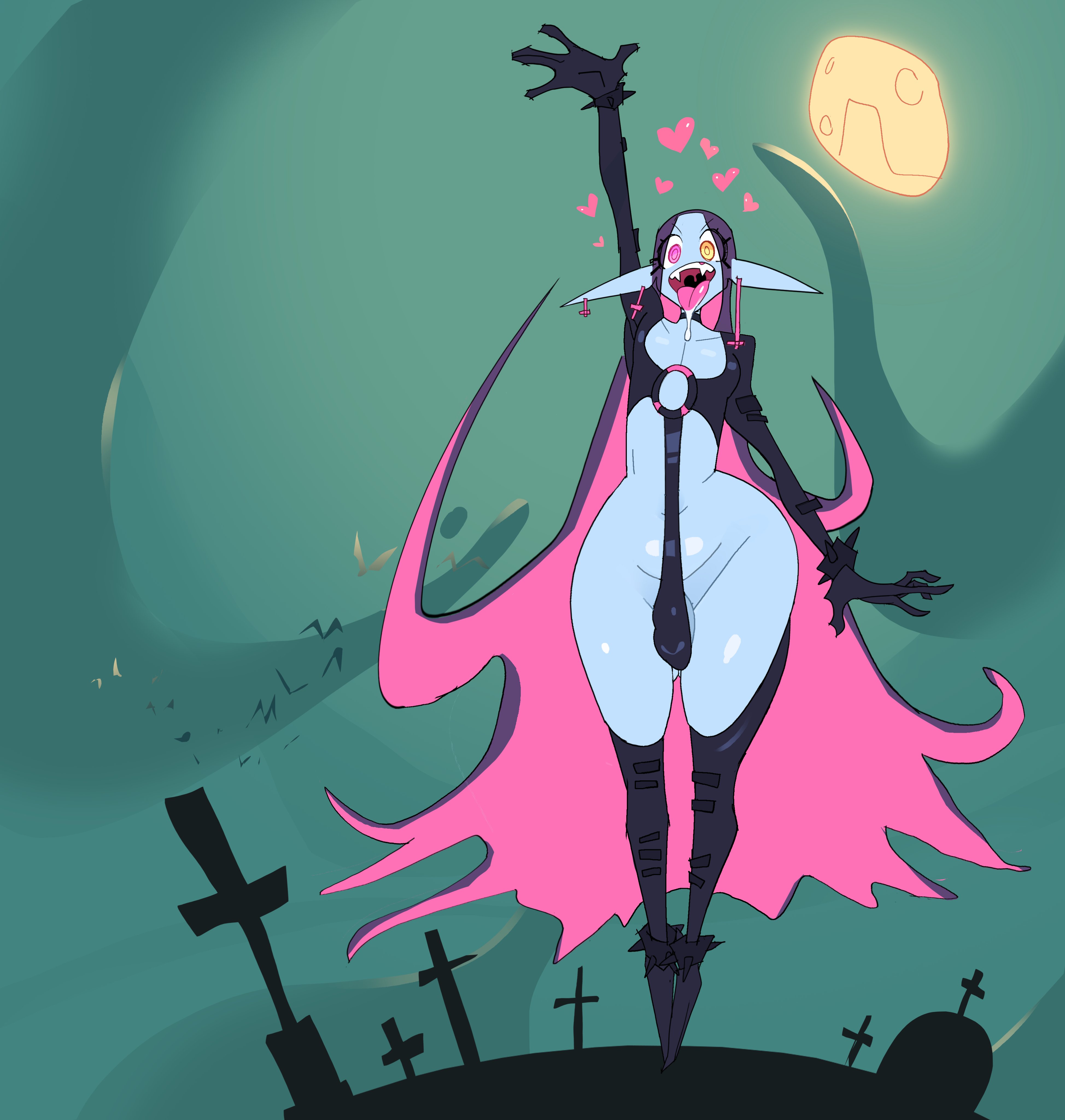 1boy, 2d, barely clothed, blue skin, blue-skinned femboy, blue-skinned male, bottom heavy, bottom heavy femboy, bulge, cape, child bearing hips, choker, color, drooling, ear piercing, earrings, femboy, femboy only, femboy vampire, feminine male, full color, girly, gloves, graveyard, heart, leather, leather clothing, leotard, long ears, long hair, male, male only, monstrousfrog, original, original character, pear shaped, pear-shaped figure, plump thighs, pointy ears, revealing clothes, saliva, solo male, thick thighs, thigh boots, tongue, tongue out, trap, vampire, vampire boy (monstrousfrog), voluptuous, voluptuous femboy, wide hips