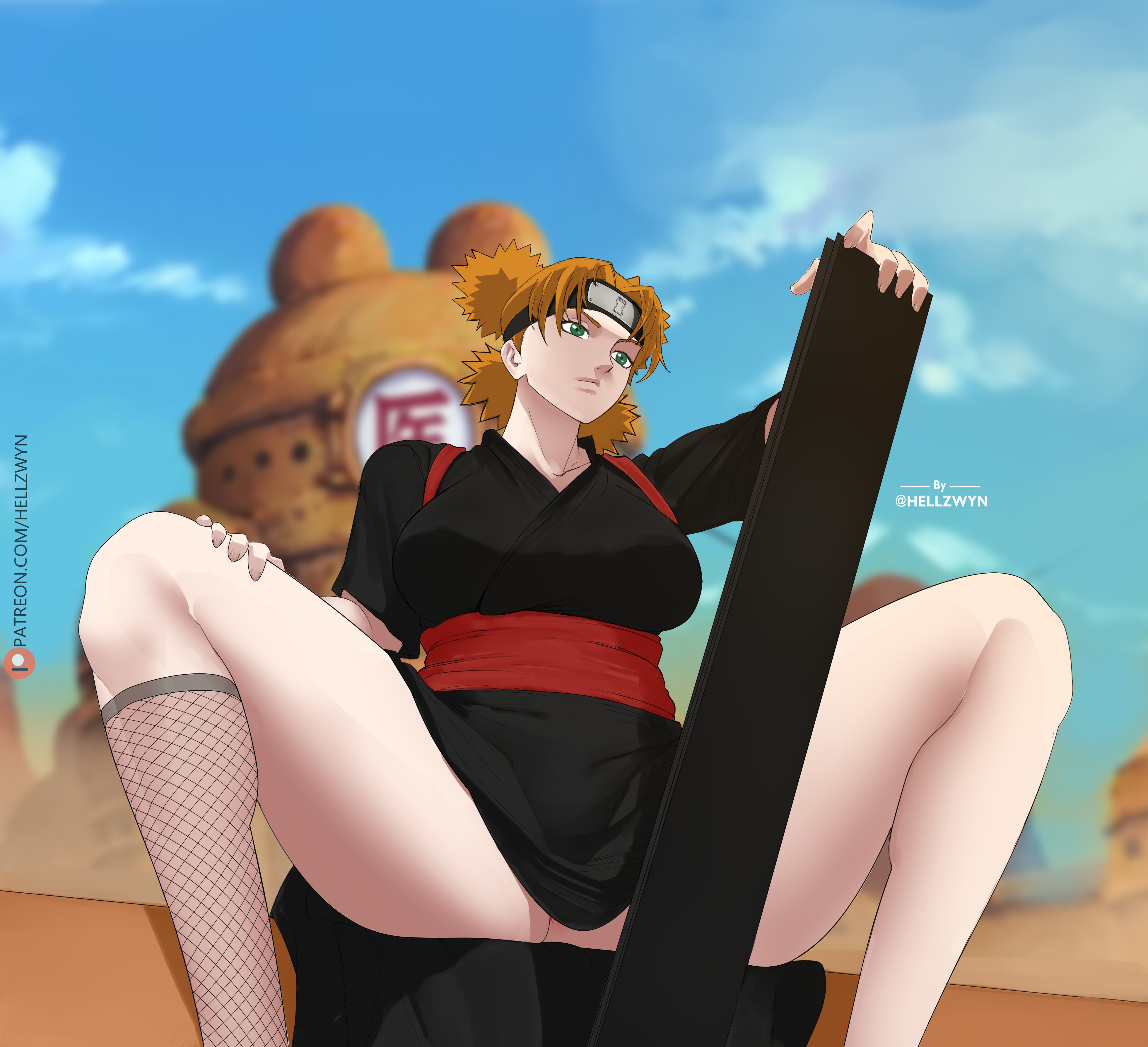 anus, anus peek, ass, ass crack, blonde hair, breasts, butt crack, desert, fan, female, female only, folding fan, green eyes, hell904, holding object, holding weapon, kimono, naruto, naruto (series), naruto shippuden, no panties, outdoors, shounen jump, sitting, solo, solo focus, spread legs, temari, weapon