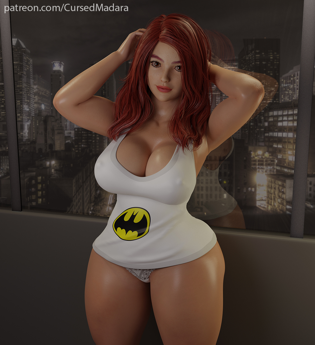 1girls, 3d, barbara gordon, bat symbol, batgirl, batman (series), big breasts, breasts, busty, cleavage, clothed female, cursedmadara, curvaceous, curvaceous figure, curvy, curvy female, curvy figure, cute, dc, dc comics, erect nipples, female, female only, ginger hair, grey eyes, hard nipples, hentai foundry, hourglass figure, lace-trimmed panties, large breasts, light skin, light-skinned female, long hair, looking at viewer, nipples, nipples visible through clothing, panties, pose, posing, red hair, redhead, seductive, smile, solo, solo female, thick, thick thighs, voluptuous, white shirt, wide hips