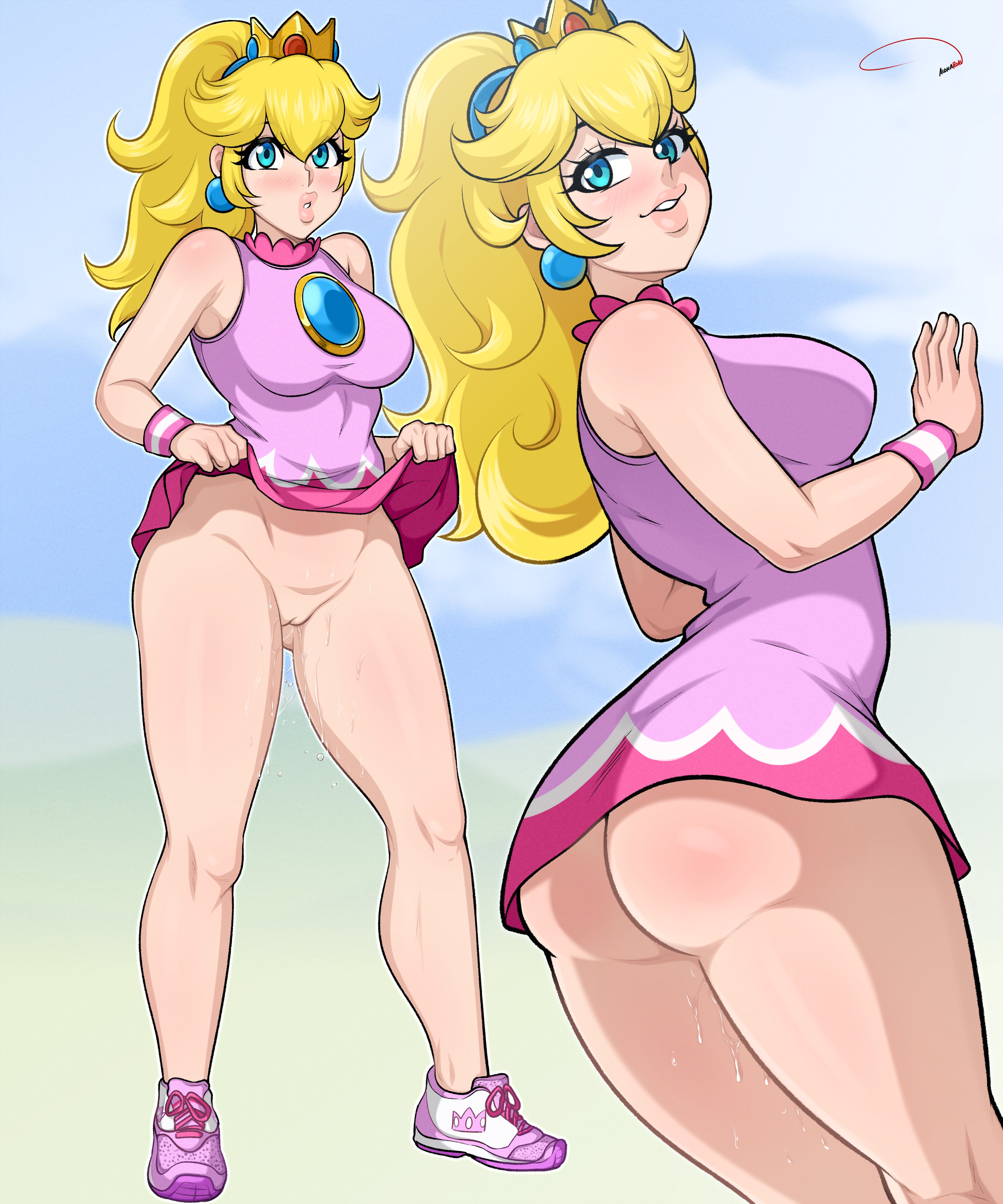 1girls, aldharoku, ass, big ass, big breasts, big lips, blonde hair, blue eyes, blush, bottomless, breasts, eye contact, female, female focus, female only, genital fluids, lips, long hair, looking at viewer, mario (series), mario tennis, microdress, nintendo, no panties, princess peach, pussy, skirt, solo, thick lips, thick thighs, uncensored, white background