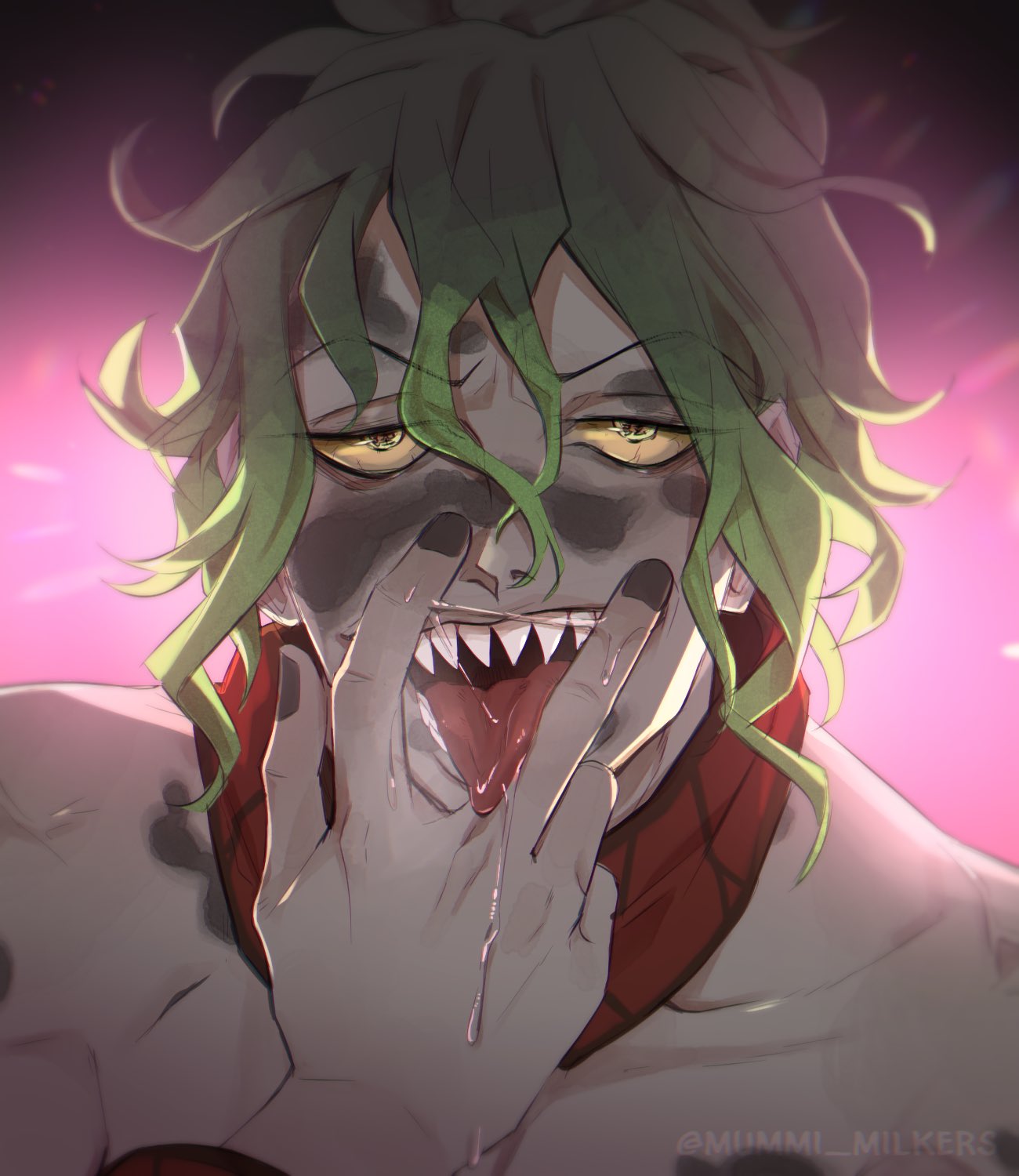 black_hair black_nails cunnilingus_gesture demon demon_boy demon_slayer drooling facial_markings green_highlights gyutaro hair_between_eyes kimetsu_no_yaiba looking_at_viewer male male_only messy_hair mummi_milkers nail_polish open_mouth saliva sexually_suggestive sharp_teeth smile solo suggestive suggestive_look tongue_out two_tone_hair upper_body yellow_sclera