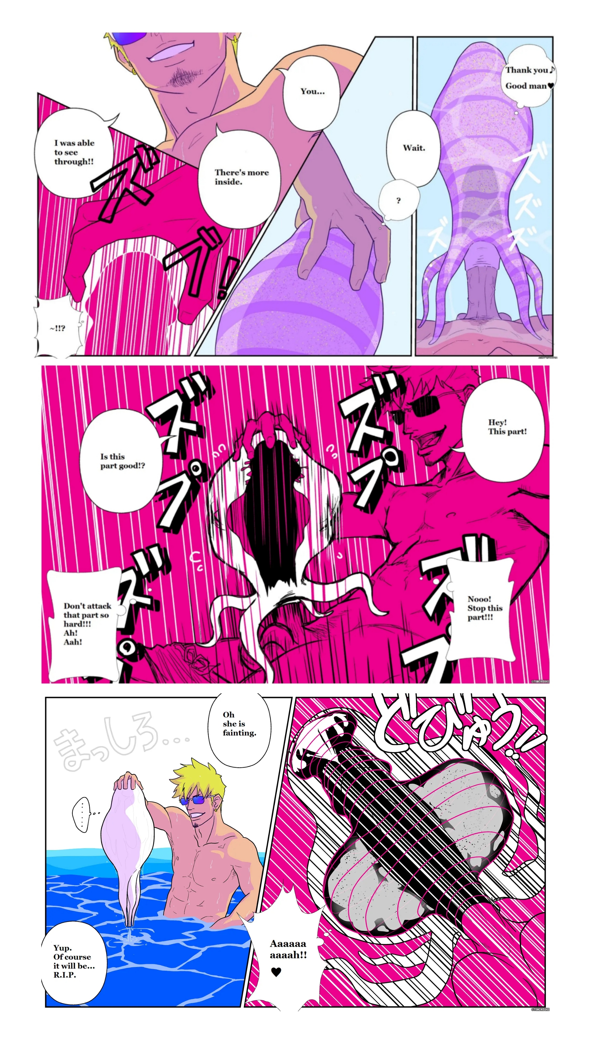 !, <3, 1boy, 1monster, abs, ass, ass grab, balls, bara, beach, big balls, big chest, big pecs, big penis, blonde hair, blowjob, butt grab, chest, comic, comic strip, cum, cum inside, cum overflow, cumshot, dark skin, dick, english, english dialogue, english text, erection, fellatio, fellatio from feral, female, female feral, feral, feral on human, fertilization, forced penetration, head grab, heart, hi res, human, human on feral, human penetrating, human penetrating feral, humanoid penis, japanese text, light skin, living fleshlight, living onahole, male, male focus, male only, massive penis, muscles, muscular, muscular male, nipples, octopus, onahole, onahole parasite, orgasm, original, original artwork, original character, parasite, pecs, penis, penis milking, pubic hair, speech bubble, sucking, swimwear, tan skin, tentacle, tentacle monster, tonchisuke, water, wet, x-ray, yaoi